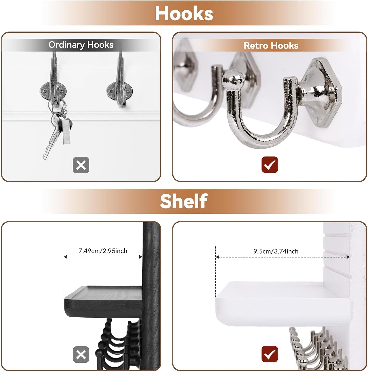 6 Hooks Wooden Hanging Key Rack / White