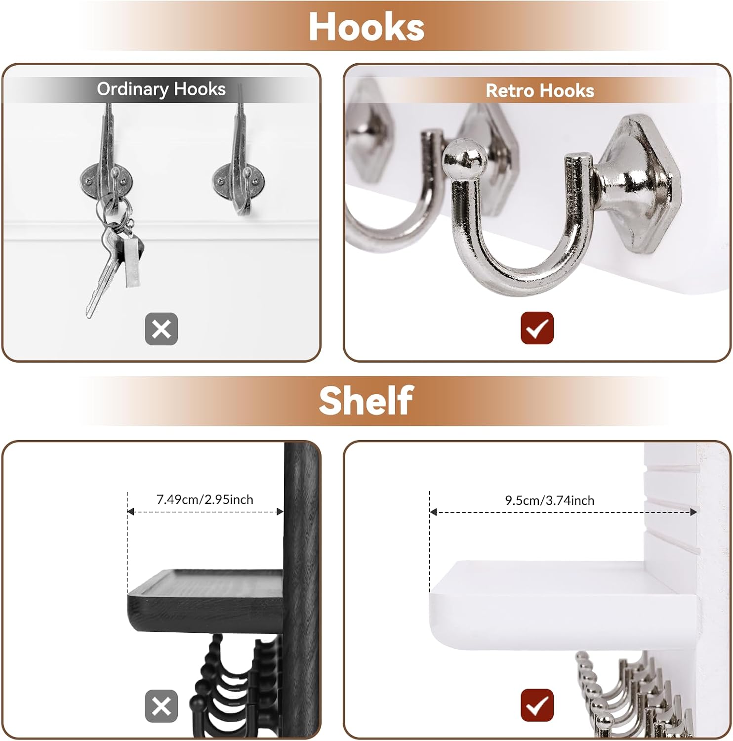 6 Hooks Wooden Hanging Key Rack / White