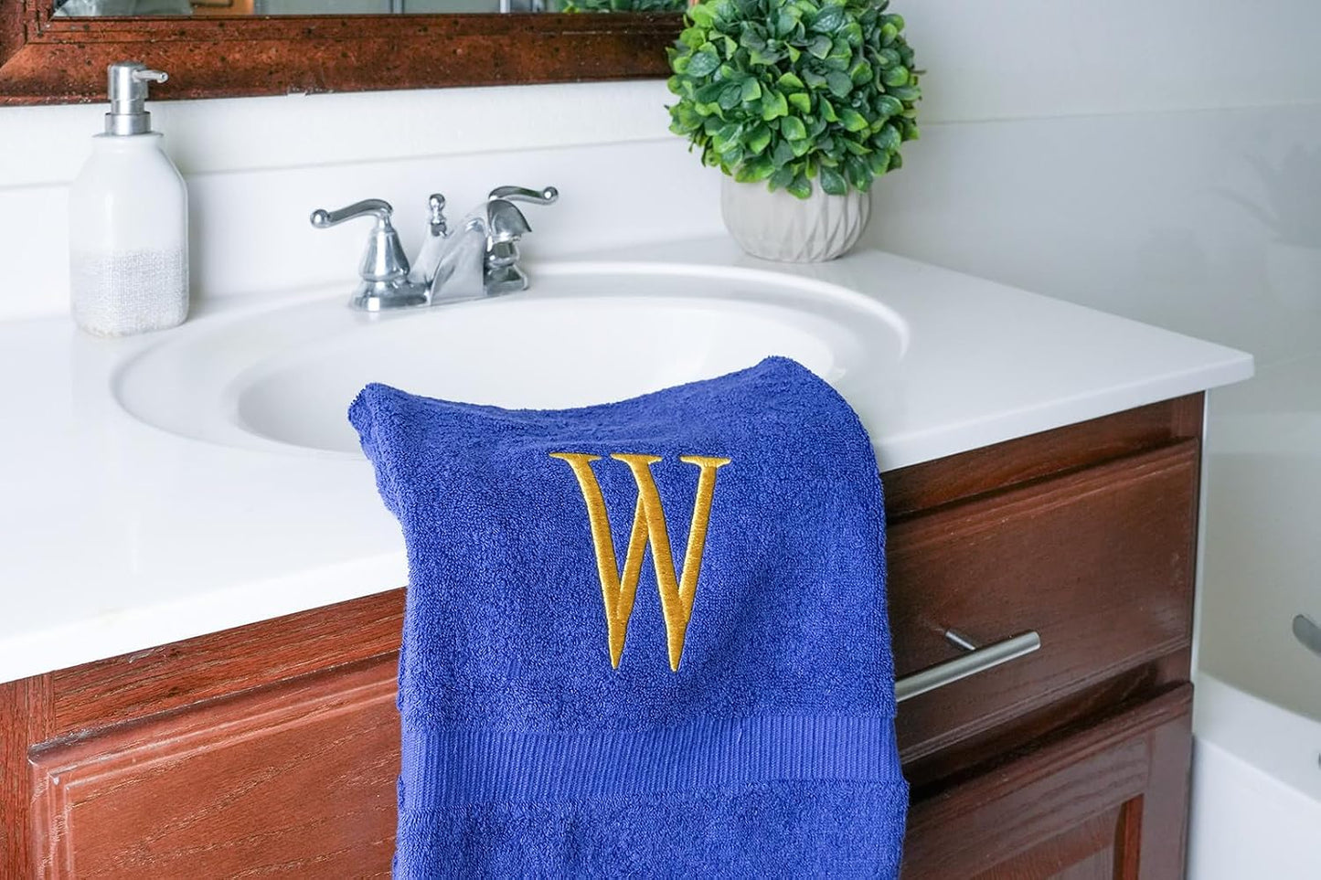 Navy with Gold Monogrammed Hand Towels for Bathroom - Set of 2 Letter W | Luxury Hotel Quality Initial Towels For