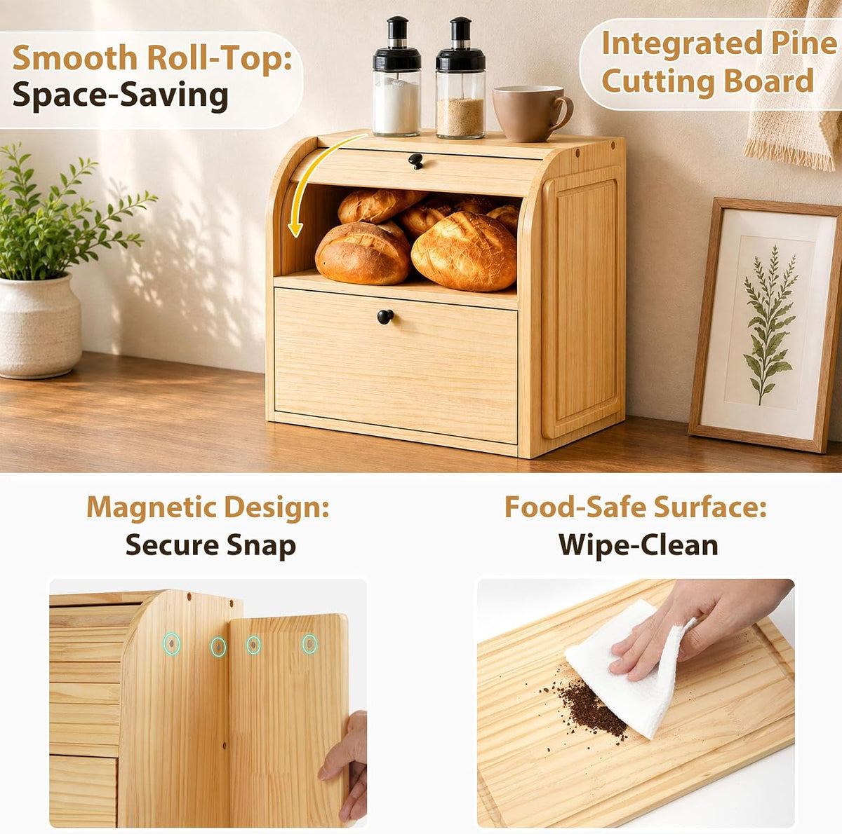 Sunhoo Wooden Bread Box for Kitchen Countertop, Roll Top Breadbox, Natural | Large Double Layer Pantry Container, Solid