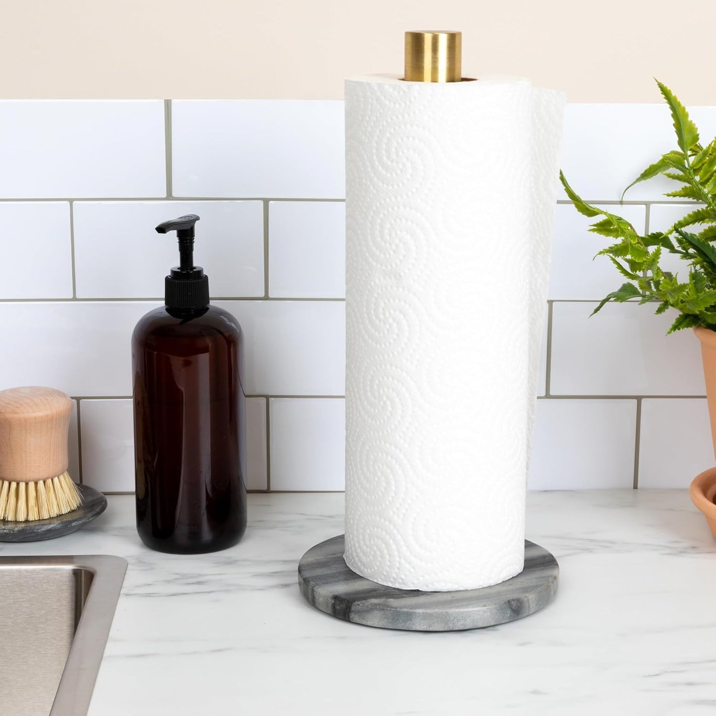 Modern Marble Paper Towel Holder with Brass Detail, Grey