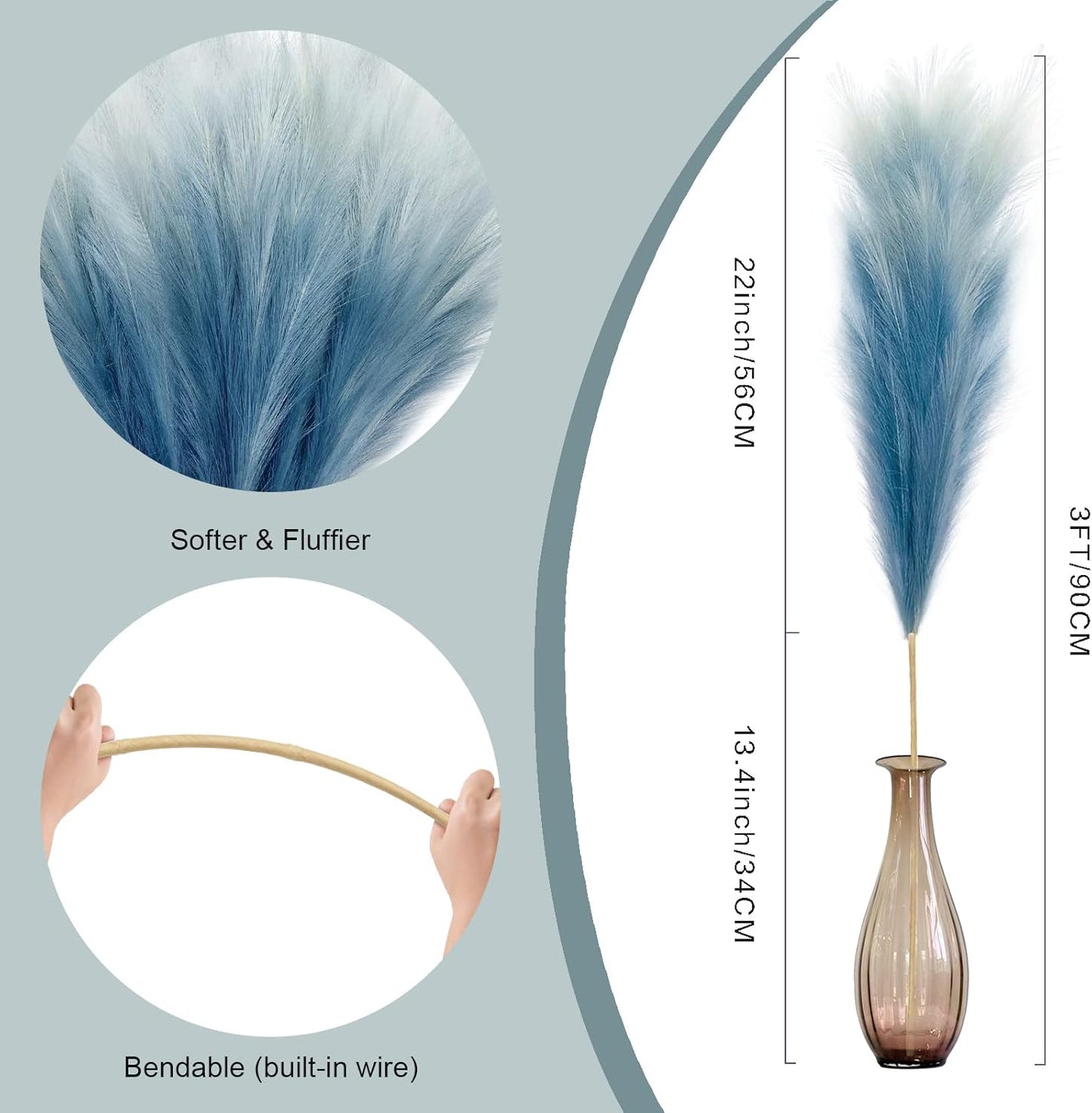 Fluffy Artificial Bulrush Branches Boho Decor / Blue / Set of 8