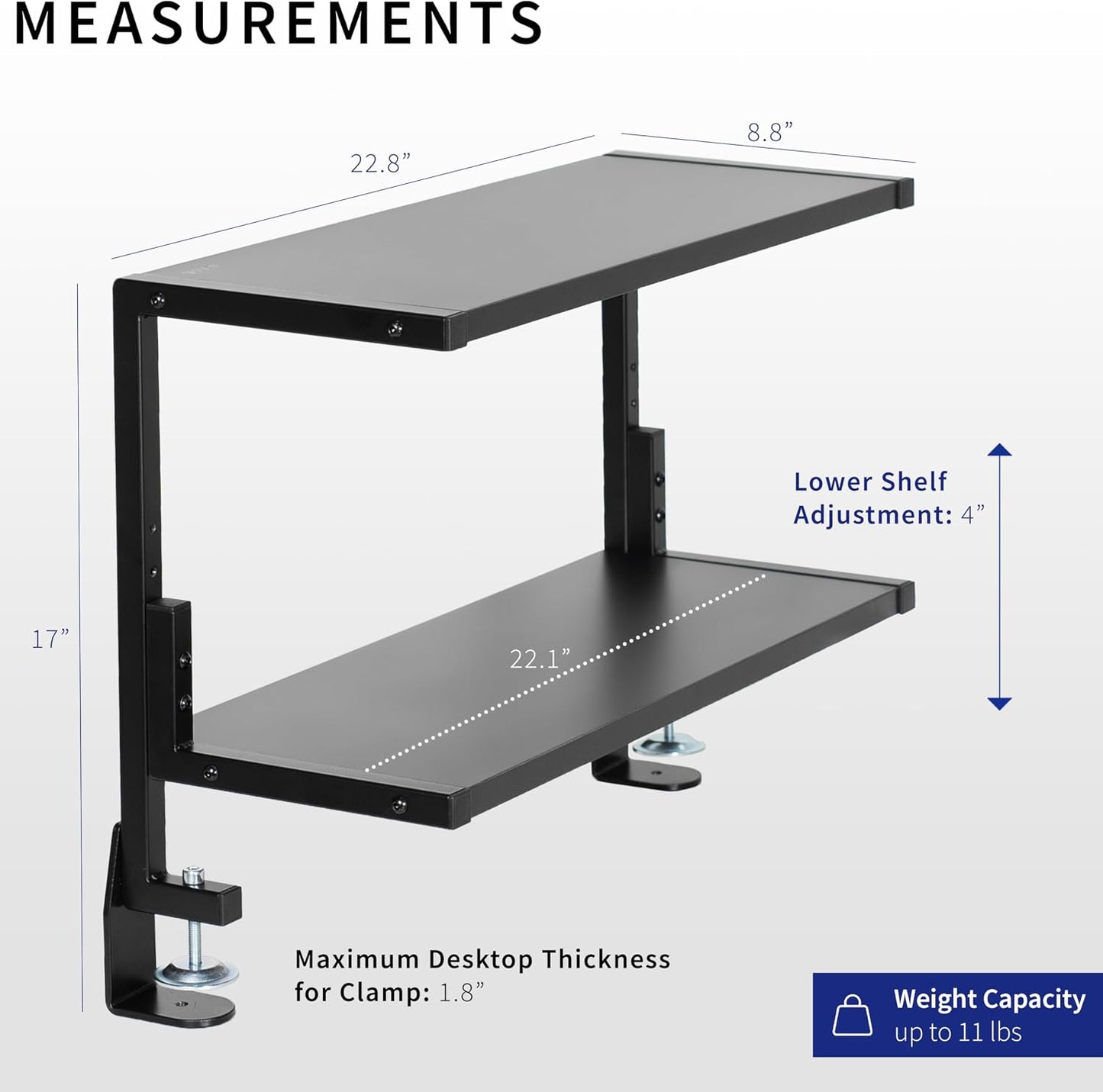 VIVO Black Clamp-on 24 inch 2-Tier Desk Shelf, STAND-SHELF24C | Above or Below Desk, 2 Level Shelving Unit for Table