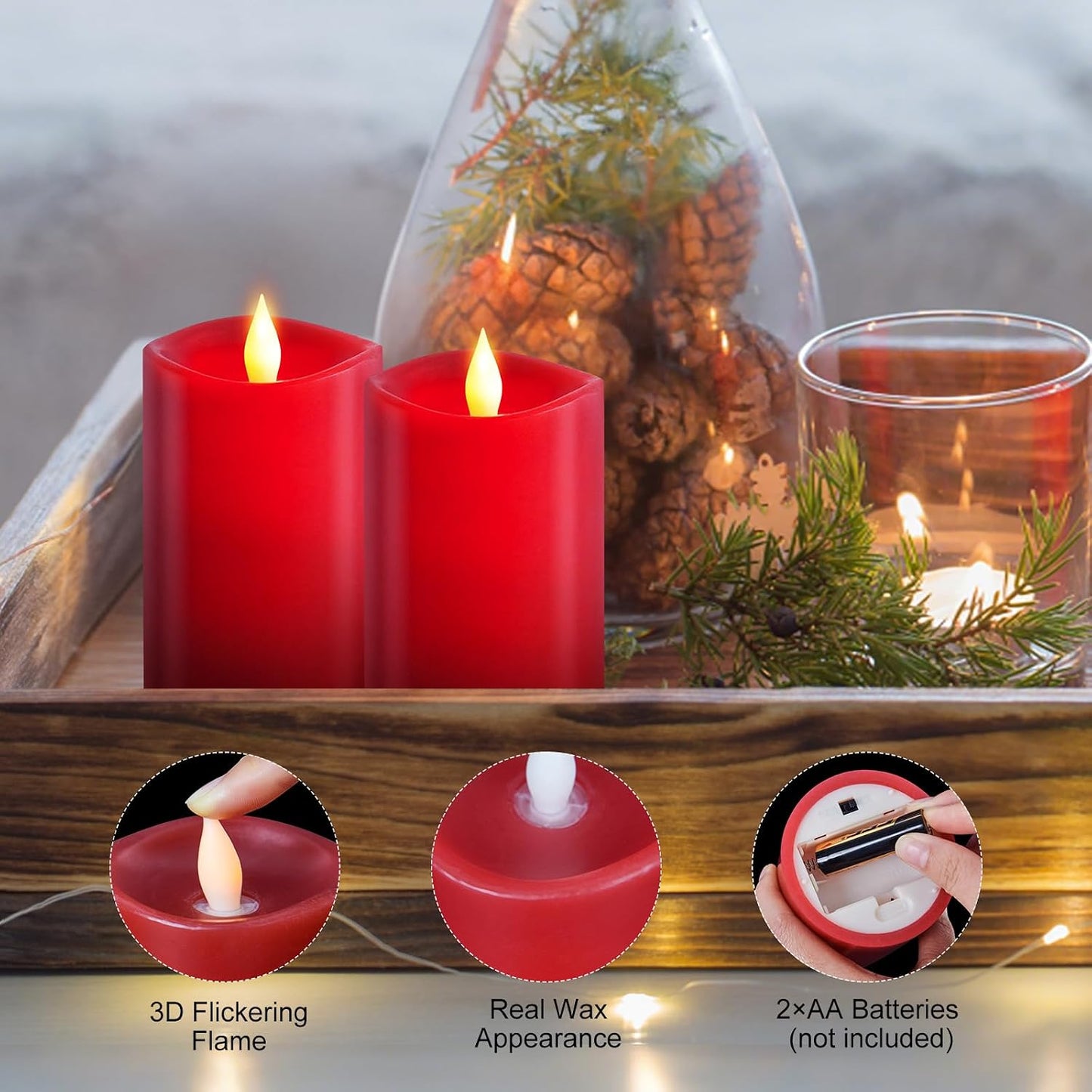 3PCS, 3 x 5 inches Flameless Candle with Remote Control, 3D Flickering Wick, Real Wax Pillar LED Candles, Battery