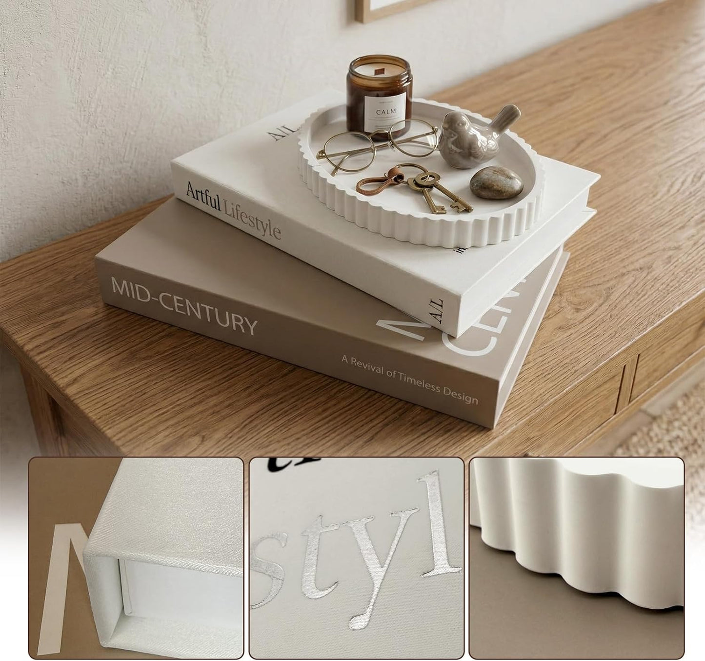 Decorative Book Box and Scalloped Tray Set / Ivory and White