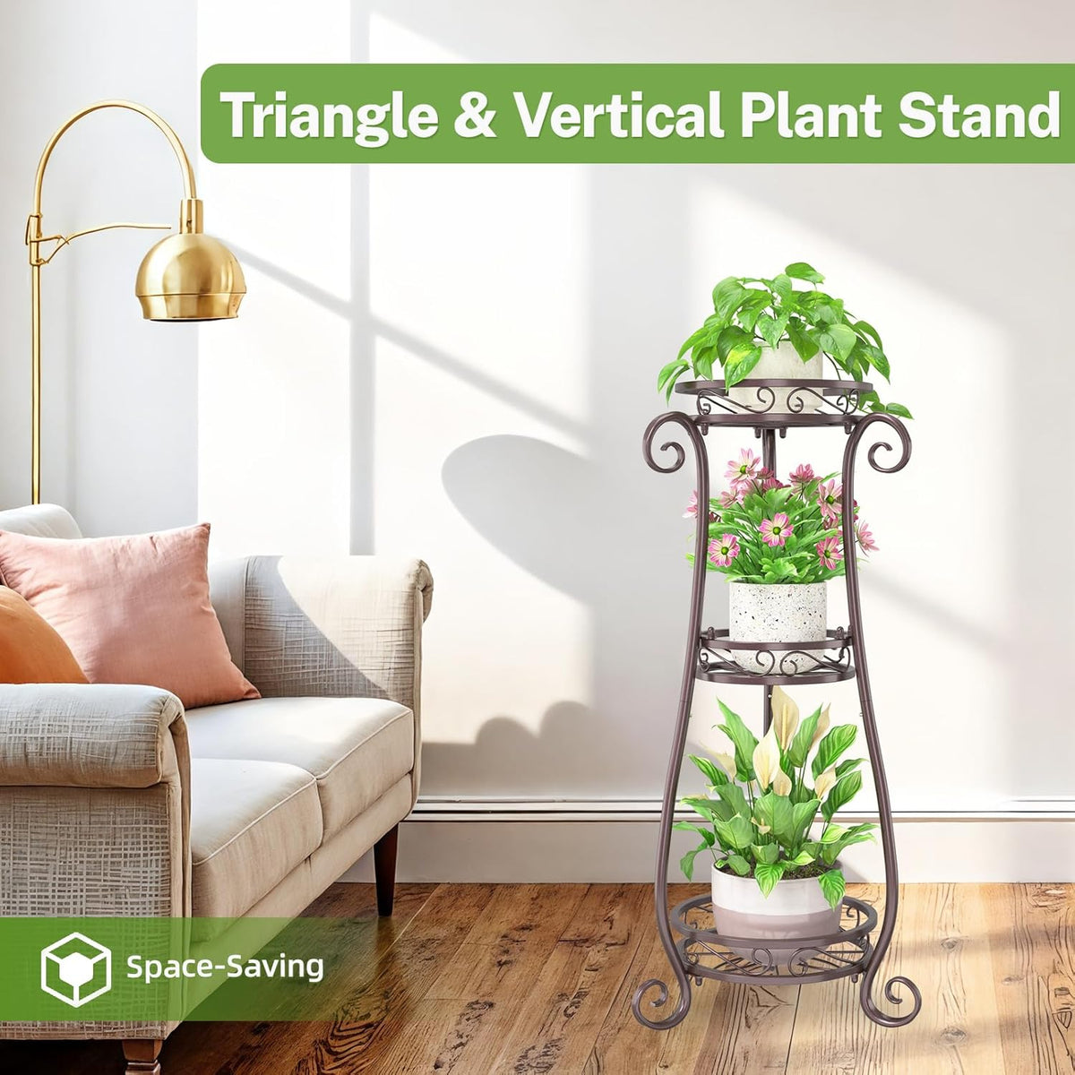 iDavosic.ly 3 Tier Tall Metal Plant Stand Outdoor Indoor, 34 Inch, Bronze | Corner Flower Pot Holder Shelf, Wrought