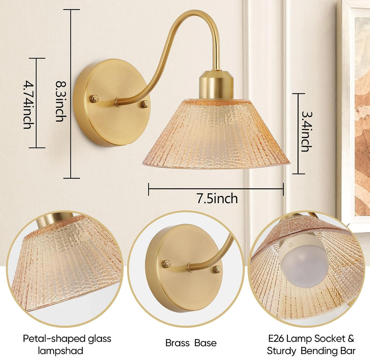Set of 2 Vintage Battery-Operated Wall Sconces,Wireless Rechargeable Wall Light with Glass Lampshade，Dimmable Wall