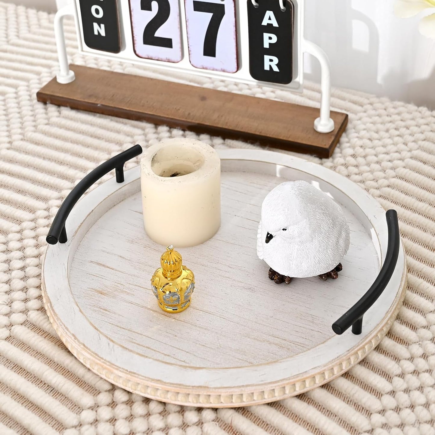 Wooden Beaded Serving Tray / White / Set of 13