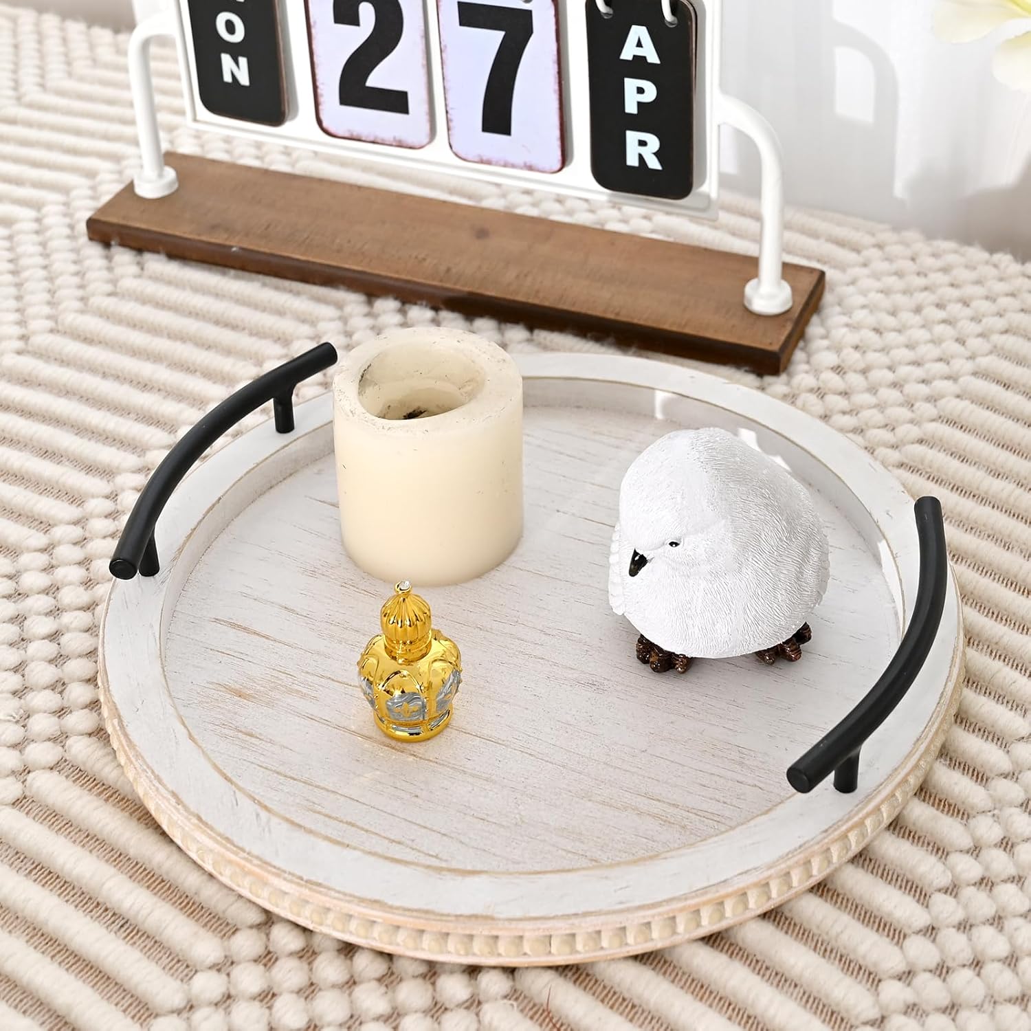 Wooden Beaded Serving Tray / White / Set of 13