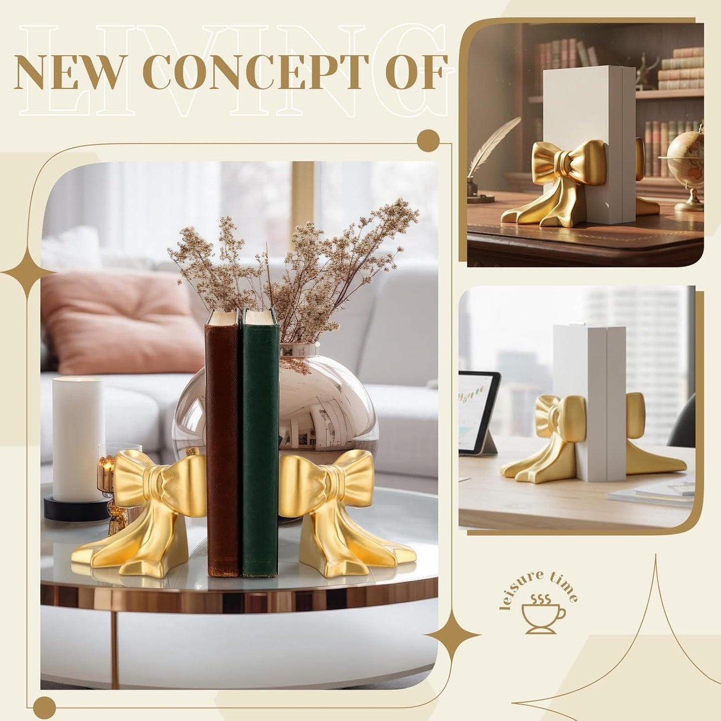 Bow Bookends Ceramic Book Ends Decorative Book Stand Bow Sculpture Statues / Gold / Set of 2