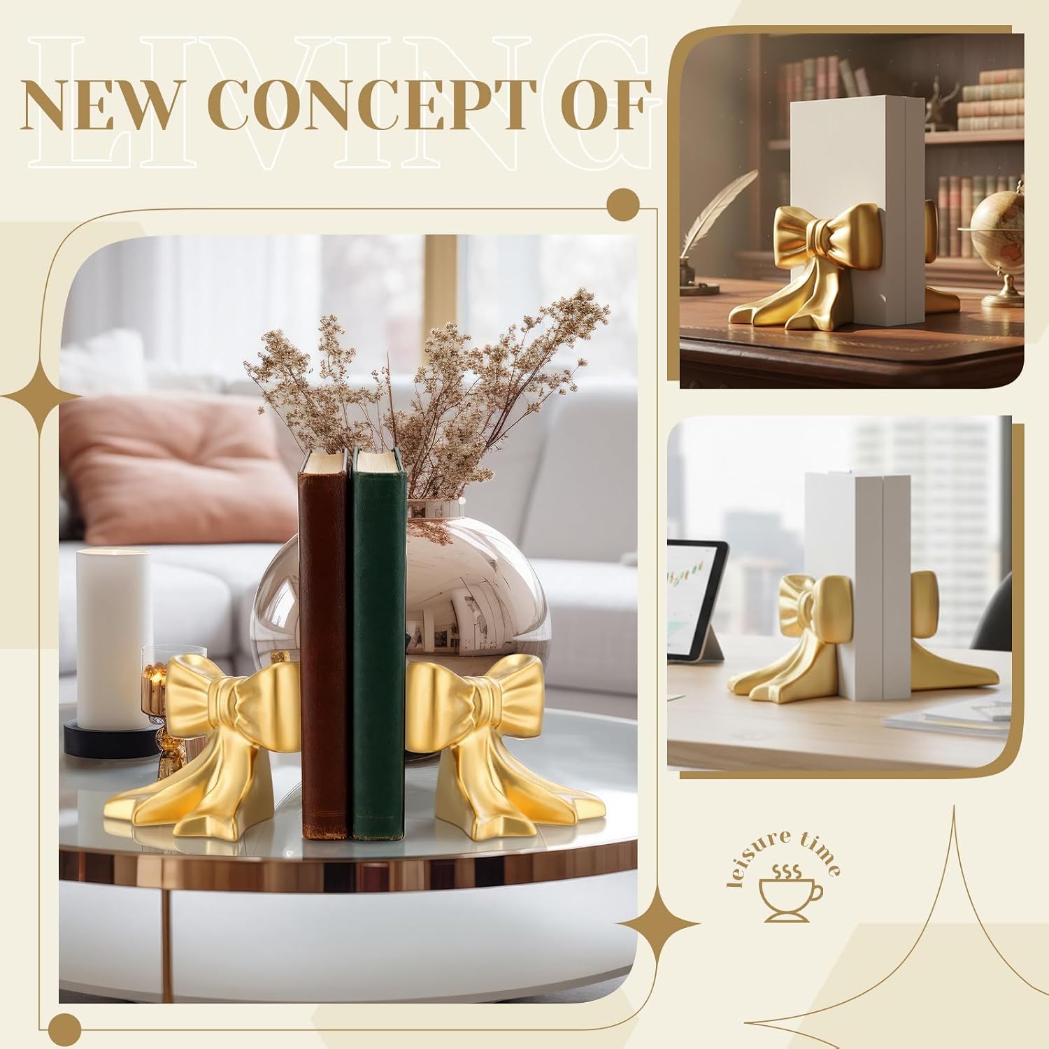 Bow Bookends Ceramic Book Ends Decorative Book Stand Bow Sculpture Statues / Gold / Set of 2