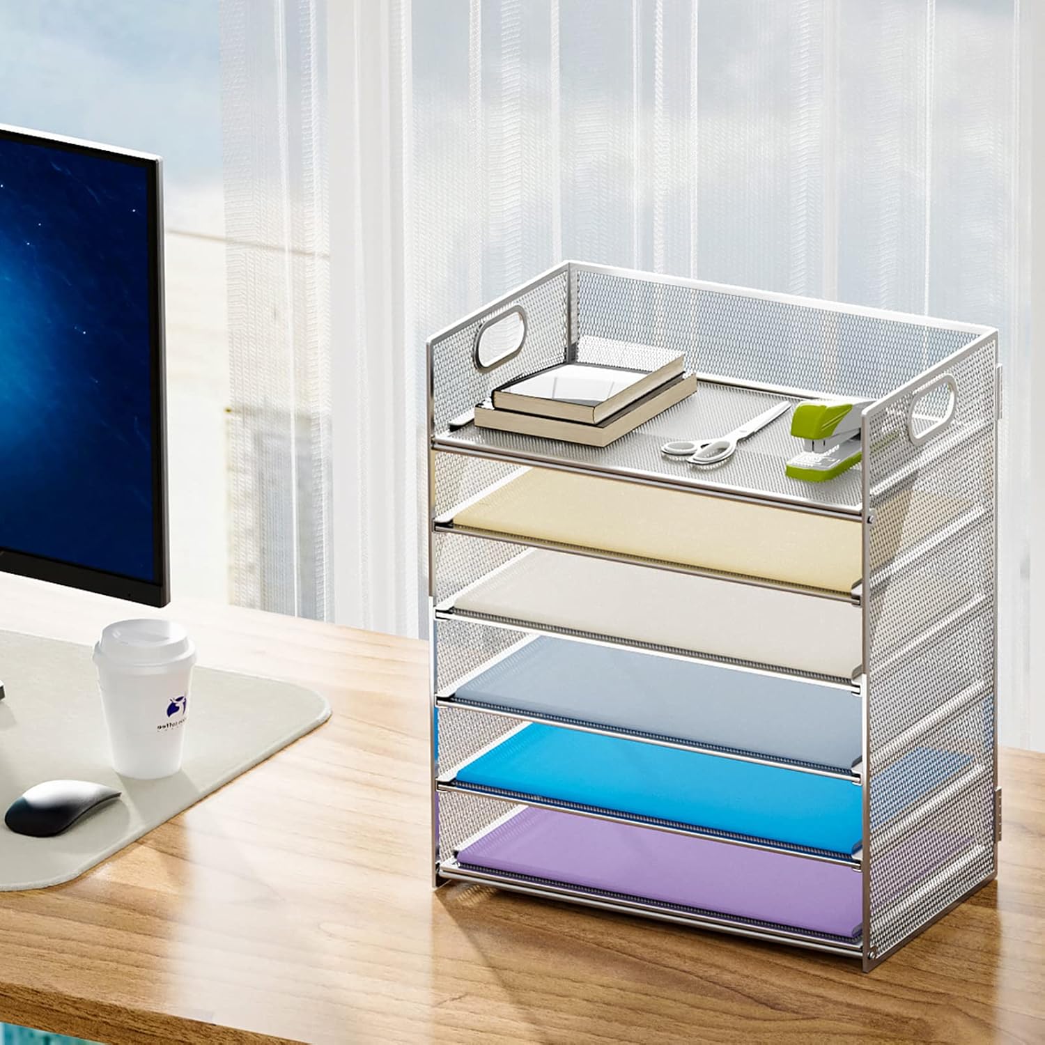 Marbrasse Paper Letter Tray - 6 Tier Mesh File Organizer with Handle, Paper Sorter for Letter/A4 Office File Folder