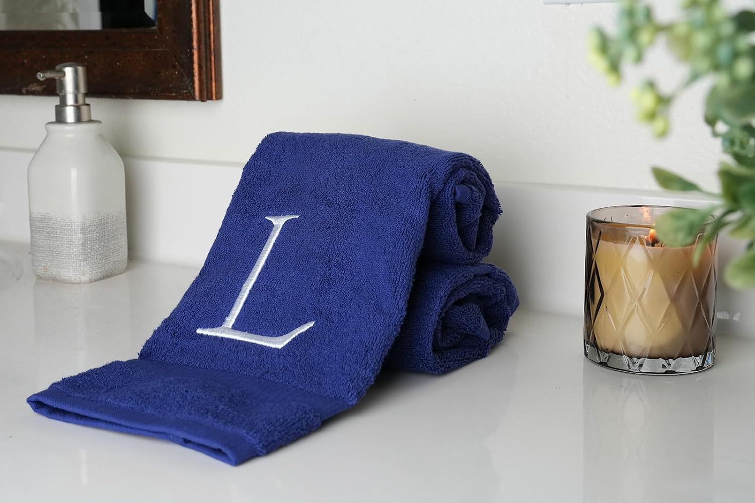 Navy with White Monogrammed Hand Towels for Bathroom - Set of 2 Letter L | Luxury Hotel Quality Initial Towels For