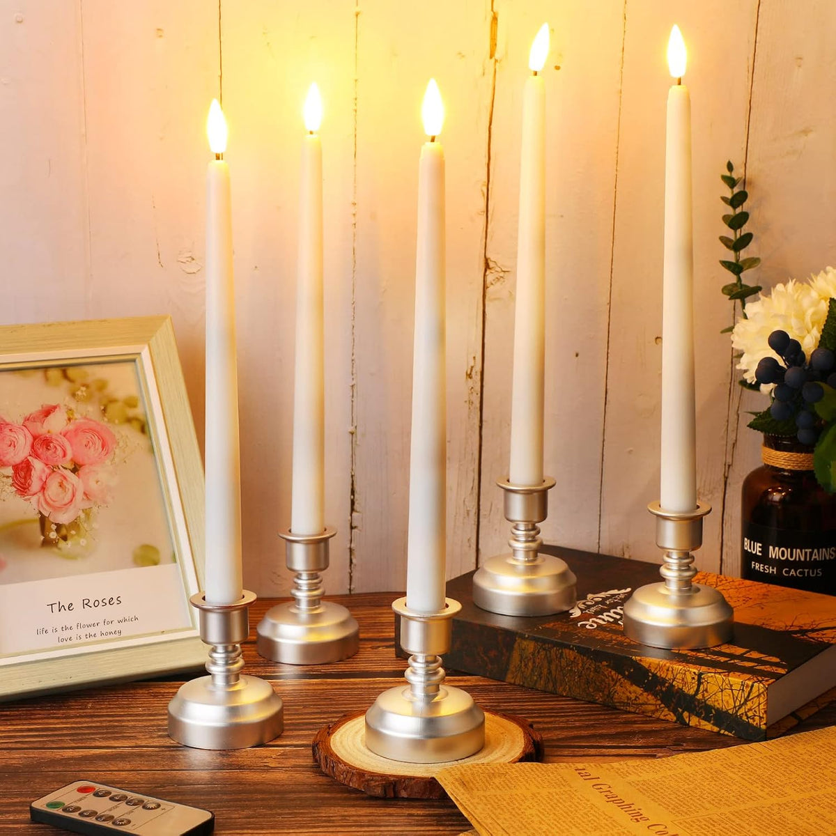 Fumete 24 Pack Flameless Taper Candles with Remote Control and Timer Flickering LED Taper Candles Realistic 3D Flame