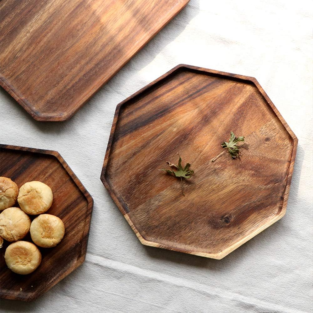 Acacia Wooden Trays Serving Platters Round Square Veggie Serving Tray Decor / 8-10 Inch / Set of 2