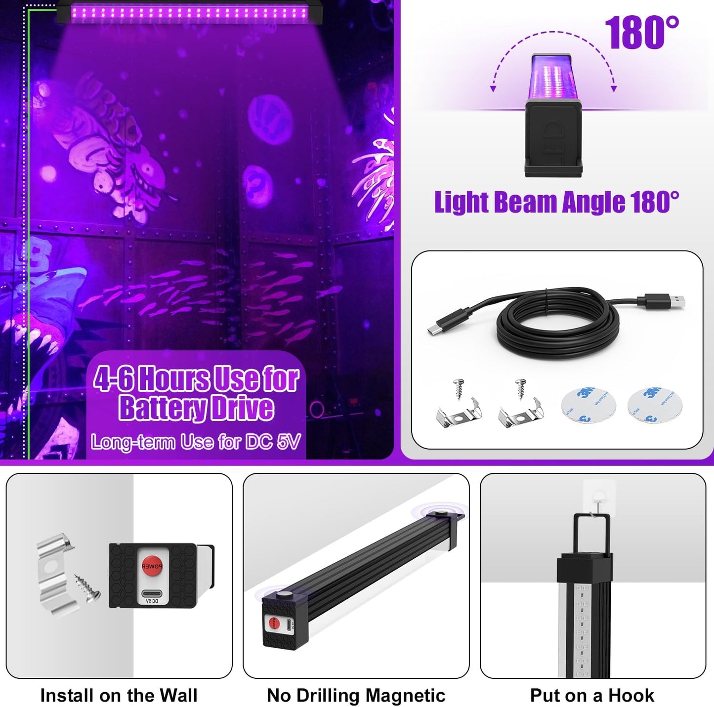 Rechargeable Black Light Bar 2 Packs, Battery Powered Black Lights for Glow Party, Cordless UV Strip Lights with