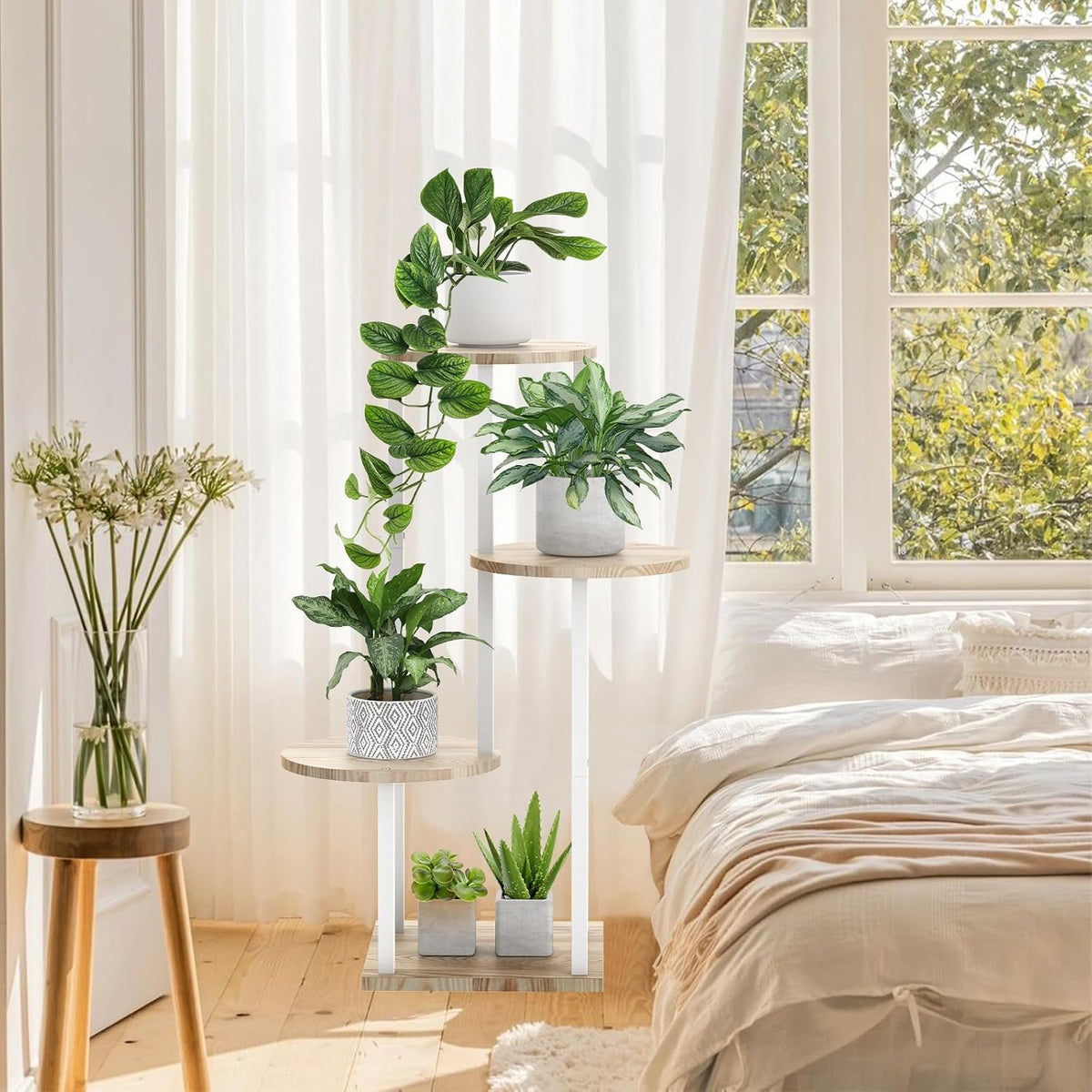 4 Tier White Metal Wooden Tall Plant Stand Indoor Shelf Flower Pot Holder for Multiple Plants, Corner Display Rack for