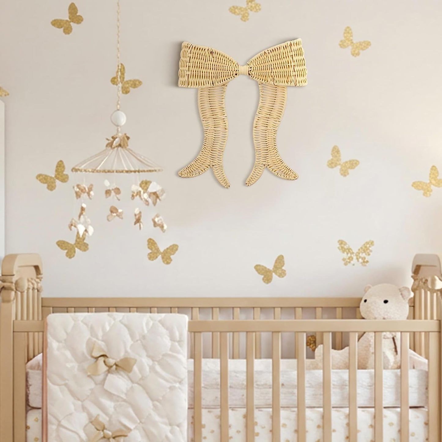 Rattan Bow Wall Decoration Boho Bow Wall Decor Woven Natural Hanging Woven Decor for Nursery / Beige