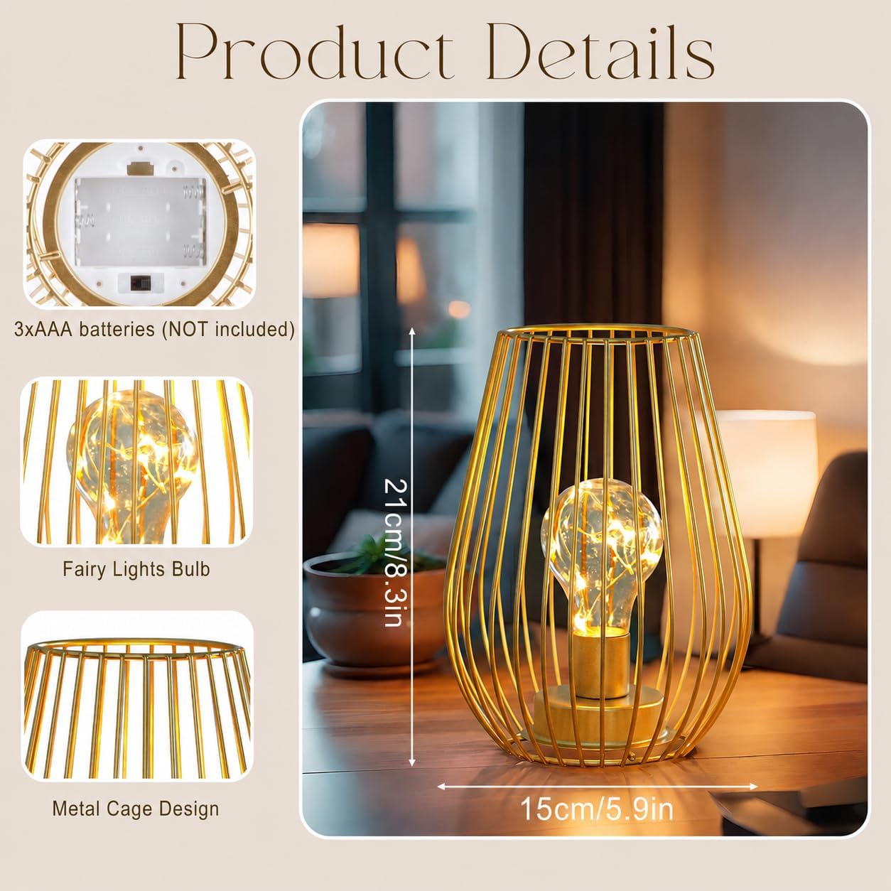 TRIROCKS Metal Cordless Table Lamp - 8'' Tall Set of 2 Cage Shape Battery Operated Lamp with Fairy Lights Bulb for