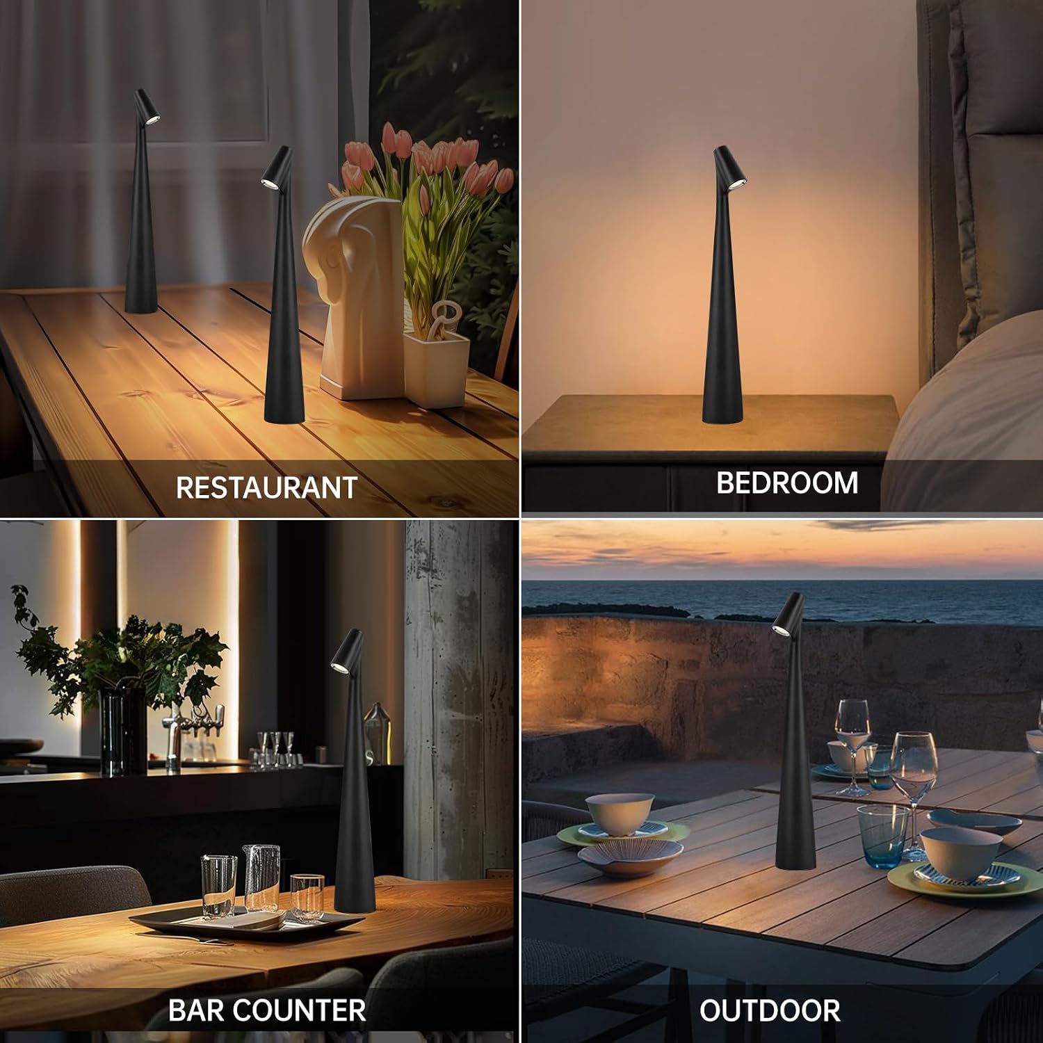 Black Set of 2 Cordless Table Lamps Rechargeable Battery Operated Lamp Touch,Waterproof Desk Lights for