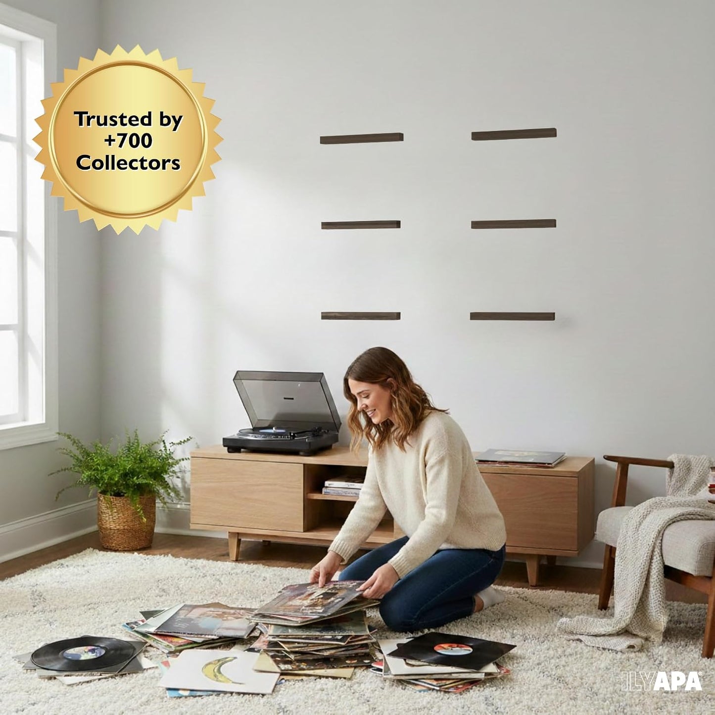 Ilyapa Vinyl Wall Mount Floating Record Shelves- 6 Pack, Espresso Wood | Solid Wood Record Shelf, Includes Wall