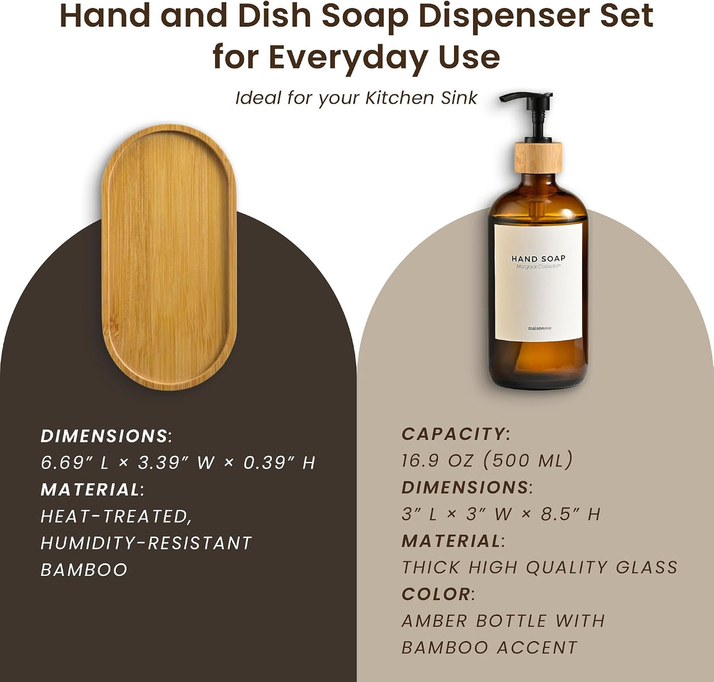 Maisonovo Dish Soap Dispenser Set - Amber Soap Dispenser Black Bamboo Pumps | Glass bottles for body wash, lotion