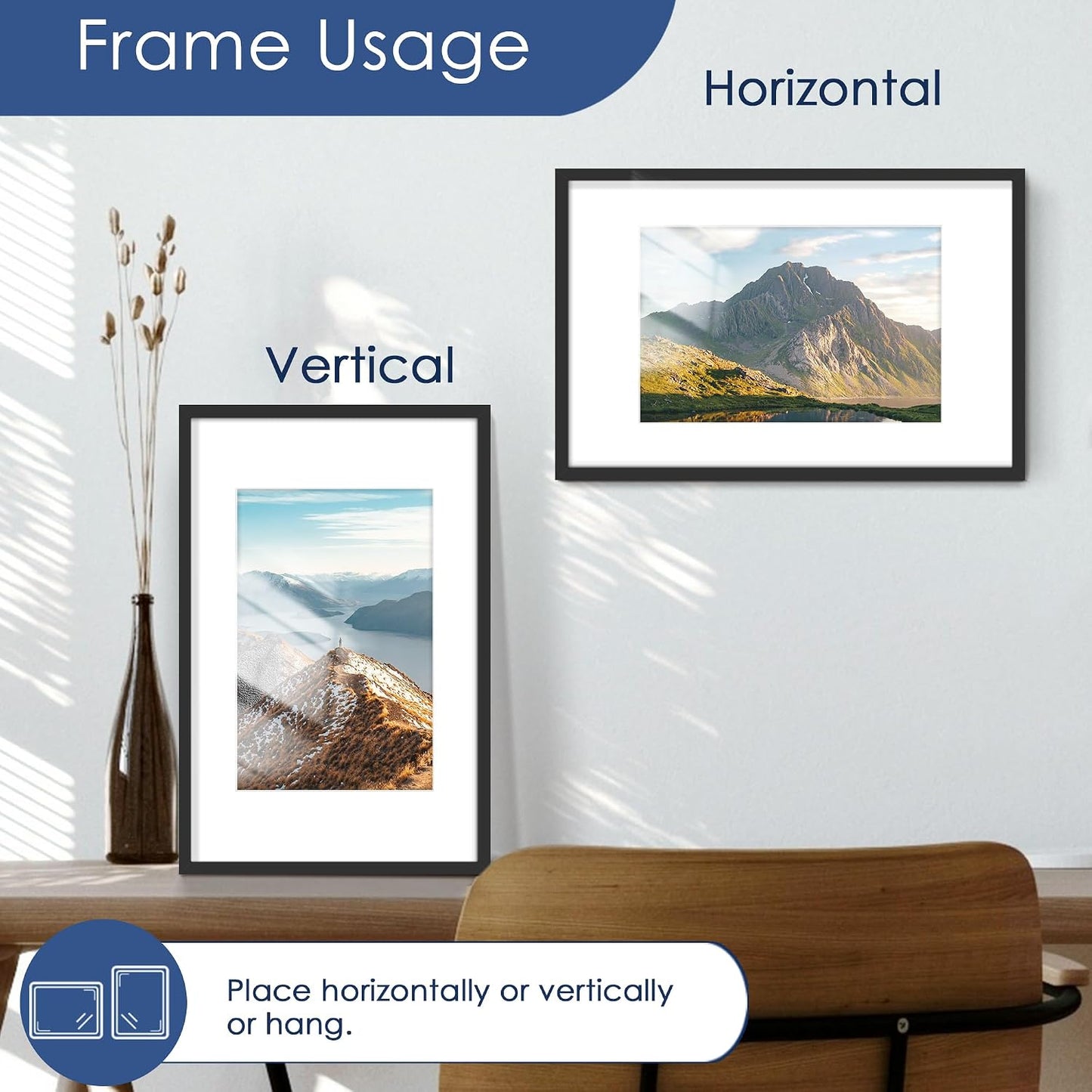 11x17 Picture Frame Set of 6, Wall Mounting Display, Black | Display 8x12 with Mat or 11x17 Without Mat, Horizontal or