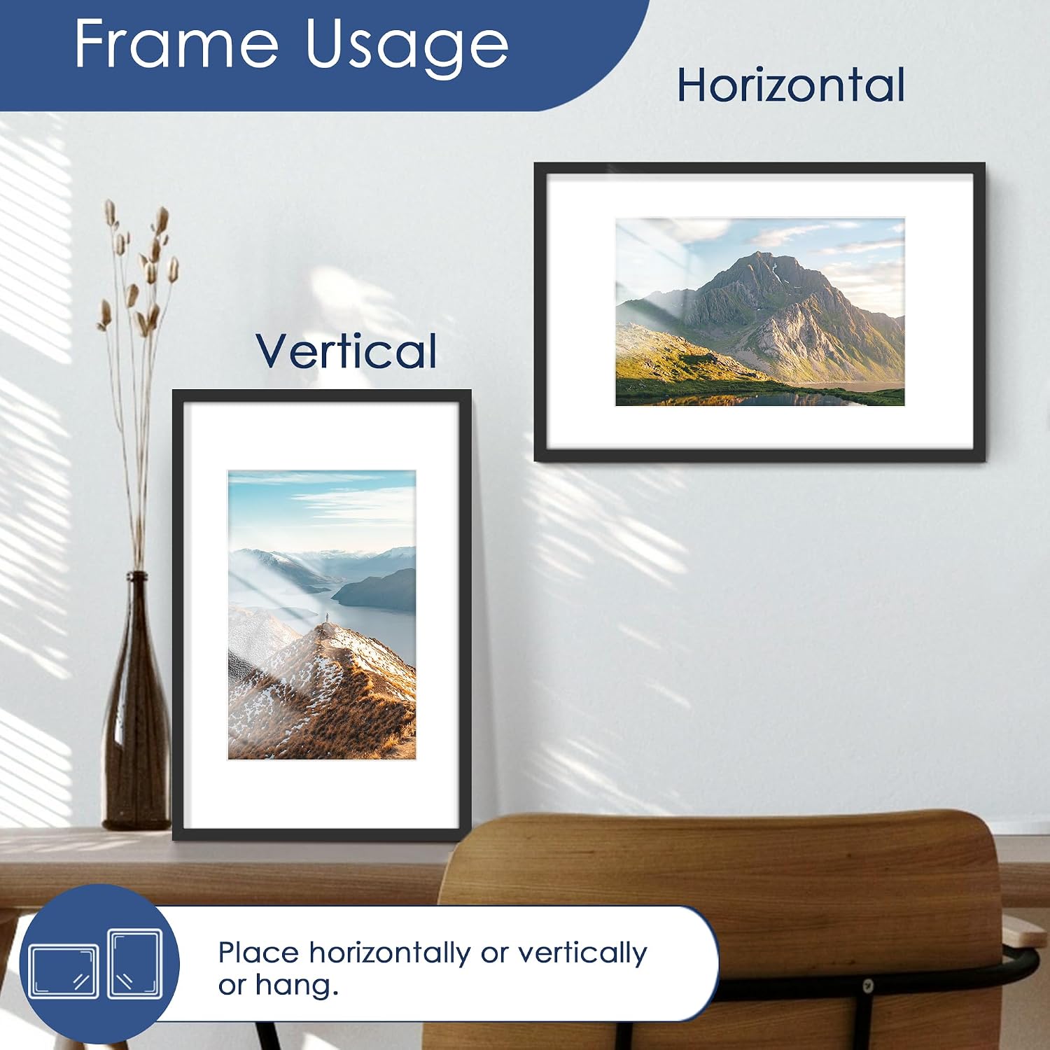 11x17 Picture Frame Set of 6, Wall Mounting Display, Black | Display 8x12 with Mat or 11x17 Without Mat, Horizontal or