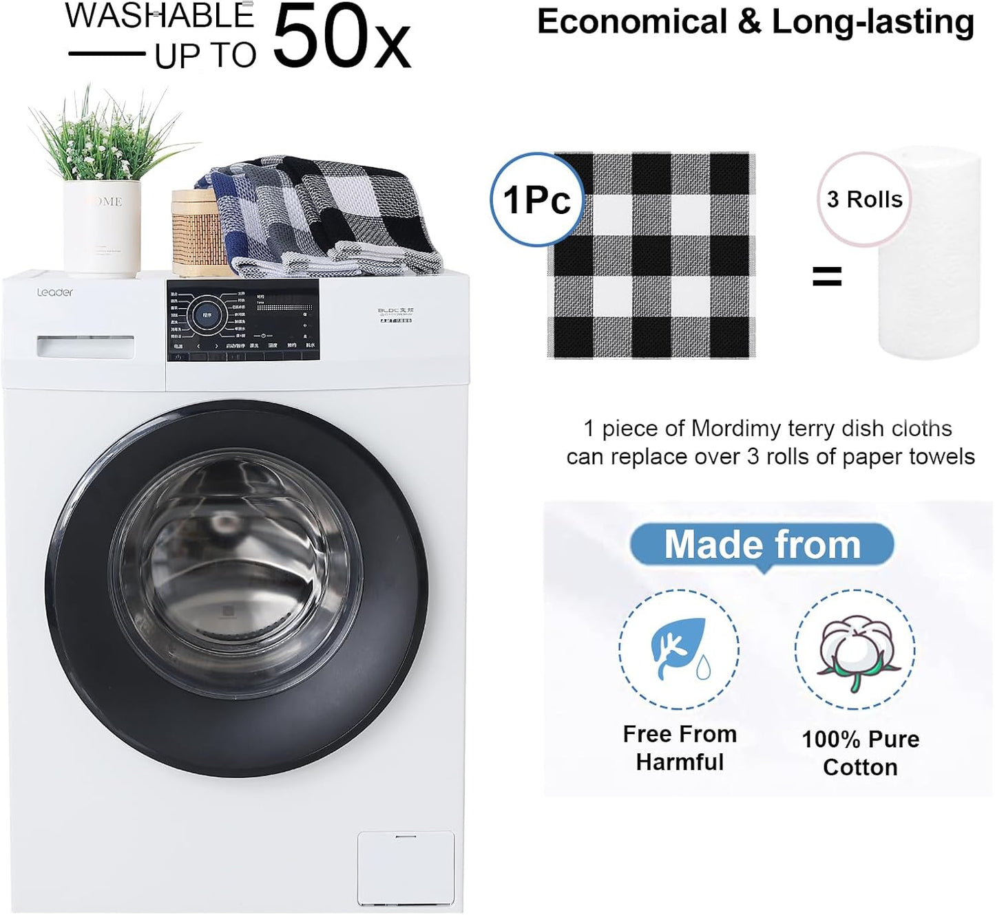 Mordimy Cotton Waffle Weave Dish Cloths, 12"x 12", 12 Pack, Black & White | Super Soft and Absorbent Quick Drying