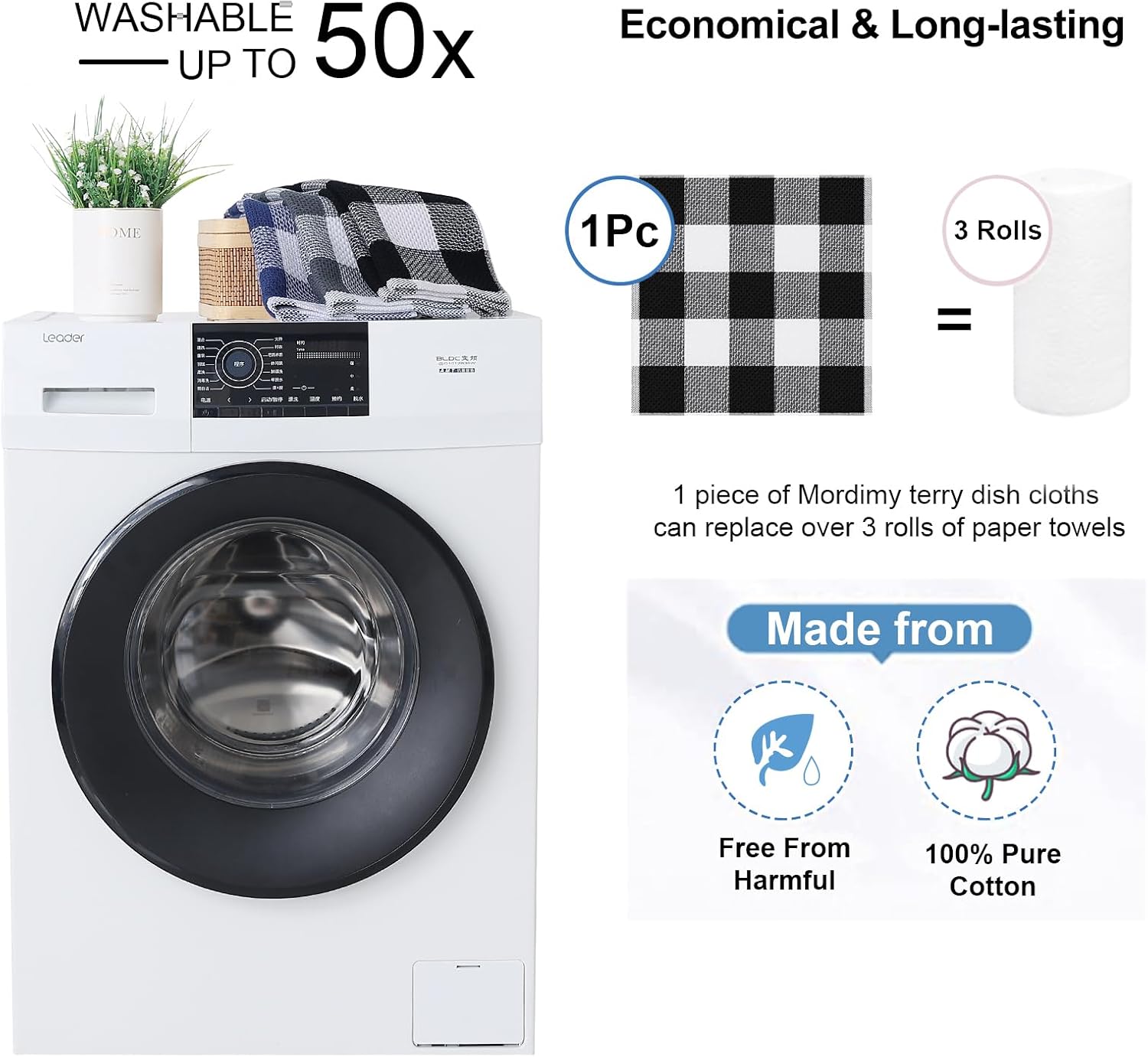 Mordimy Cotton Waffle Weave Dish Cloths, 12"x 12", 12 Pack, Black & White | Super Soft and Absorbent Quick Drying