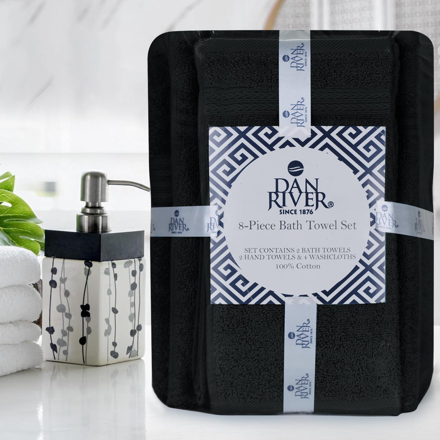 DAN RIVER 8 Piece Luxury Bath Towels for Bathroom, Towel Set, Black | 2 Bath towels, 2 Hand towels, and 4 Wash Cloths