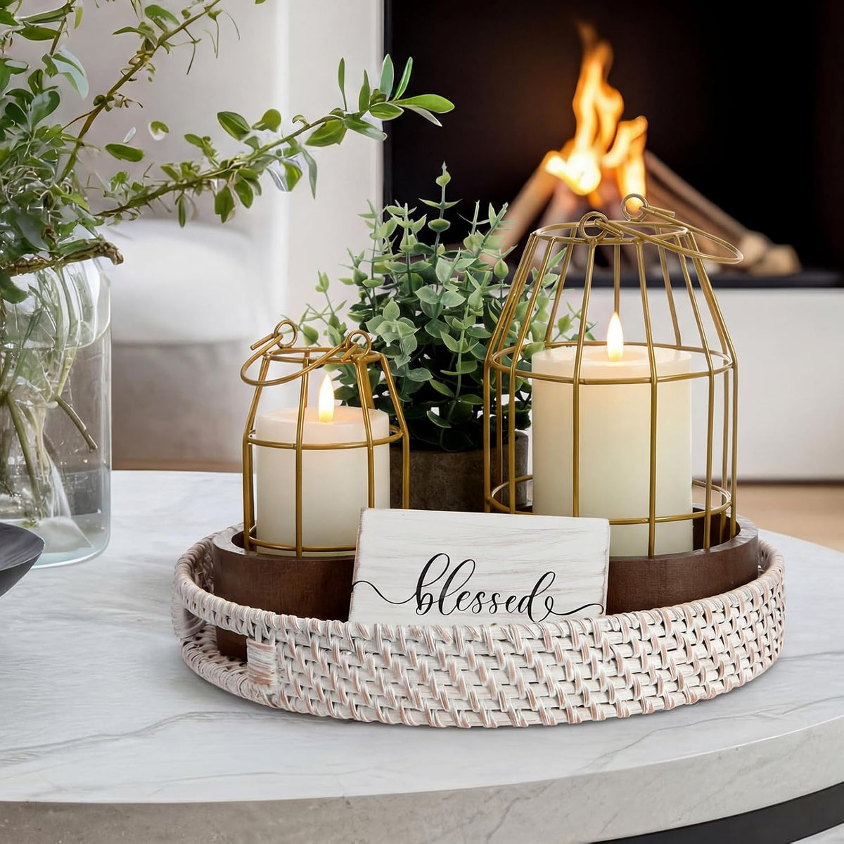 Modern Rustic Farmhouse Candle Lantern Set of 5, Small, Gold, Burlywood | Decorative Lanterns Centerpieces with Tray