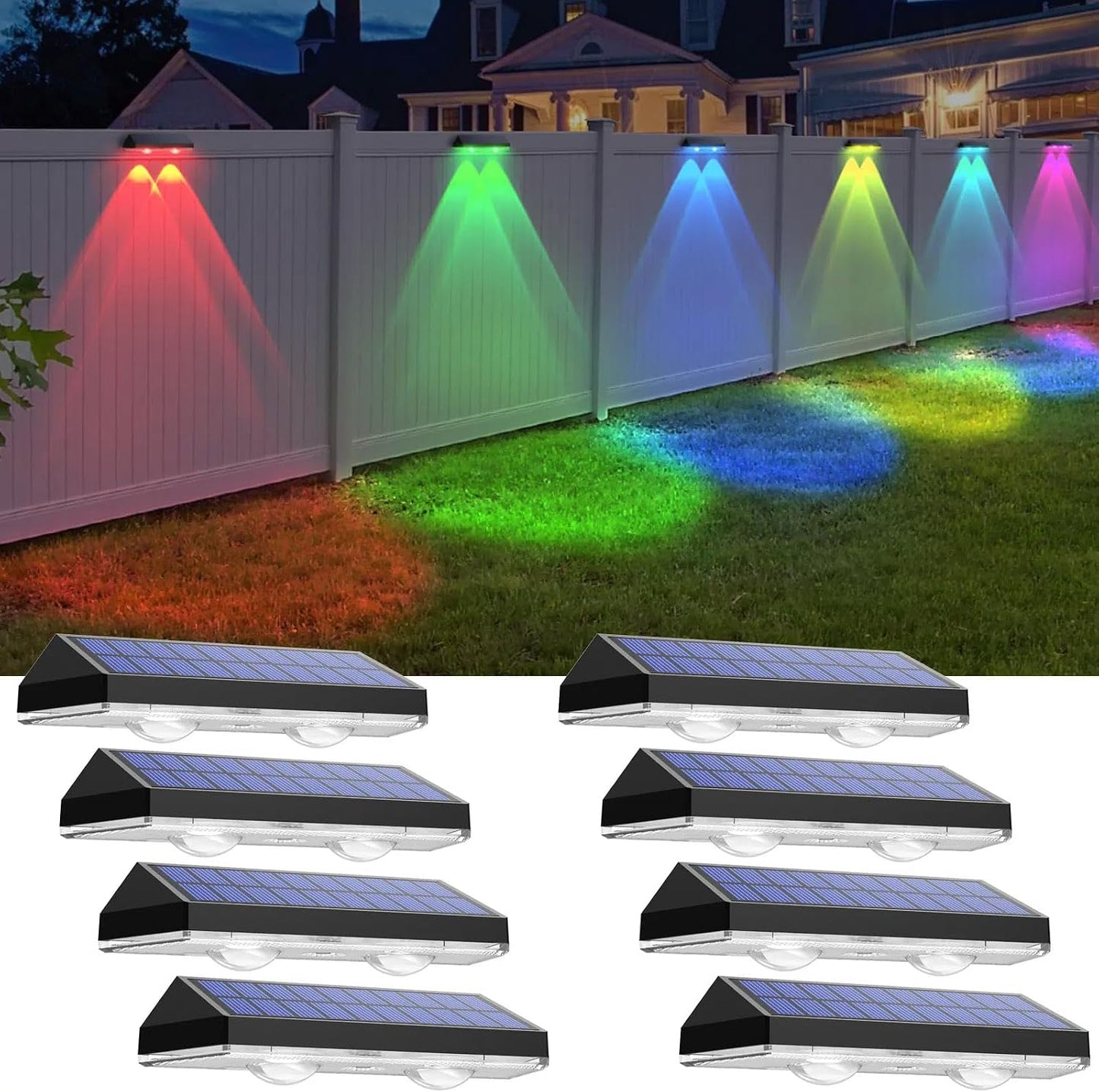 Solar Fence Lights Outdoor - Warm White & RGB 6 Color, Dusk to Dawn Solar Deck Light, Solar Lights Outdoor IP65