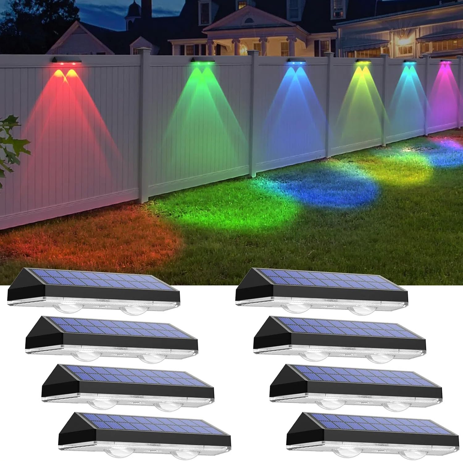 Solar Fence Lights Outdoor - Warm White & RGB 6 Color, Dusk to Dawn Solar Deck Light, Solar Lights Outdoor IP65
