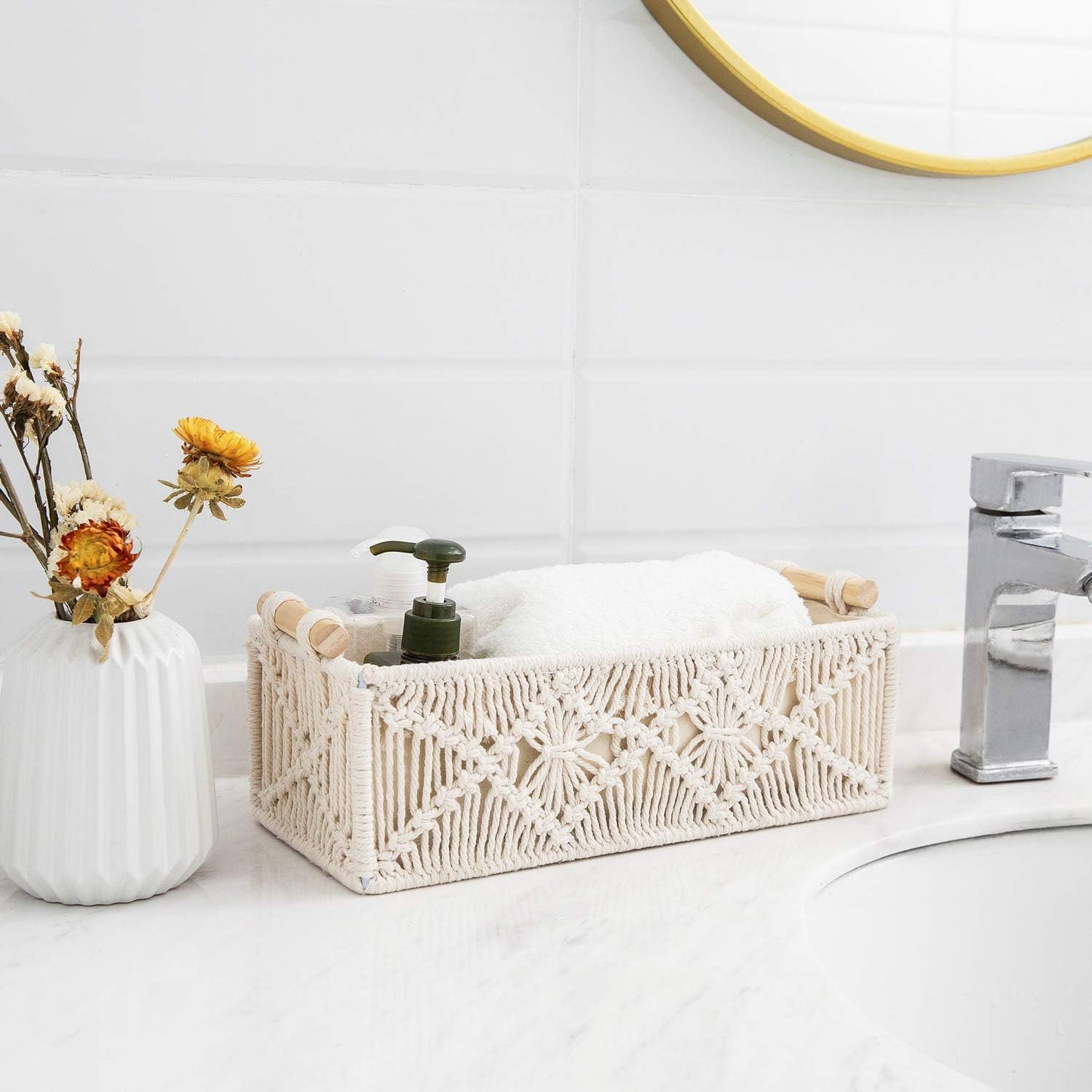 Macrame Storage Baskets Boho Decor Box Handmade Woven Decorative Countertop Toilet Tank / Ivory