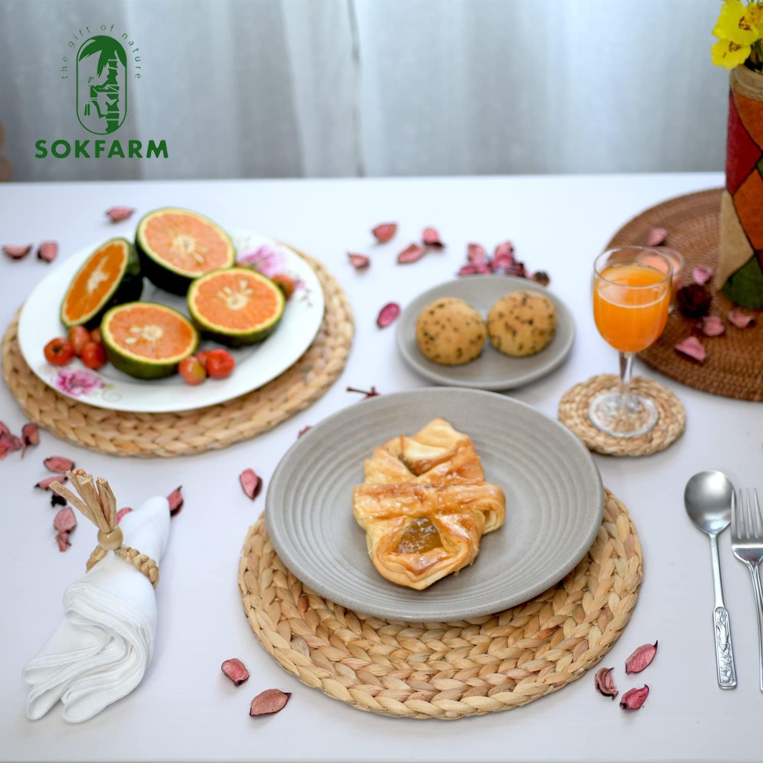 Round Woven Placemats Set of 10, Water Hyacinth Rattan Placemats 11.8 in, Small Charger Plates for Salad & Dessert