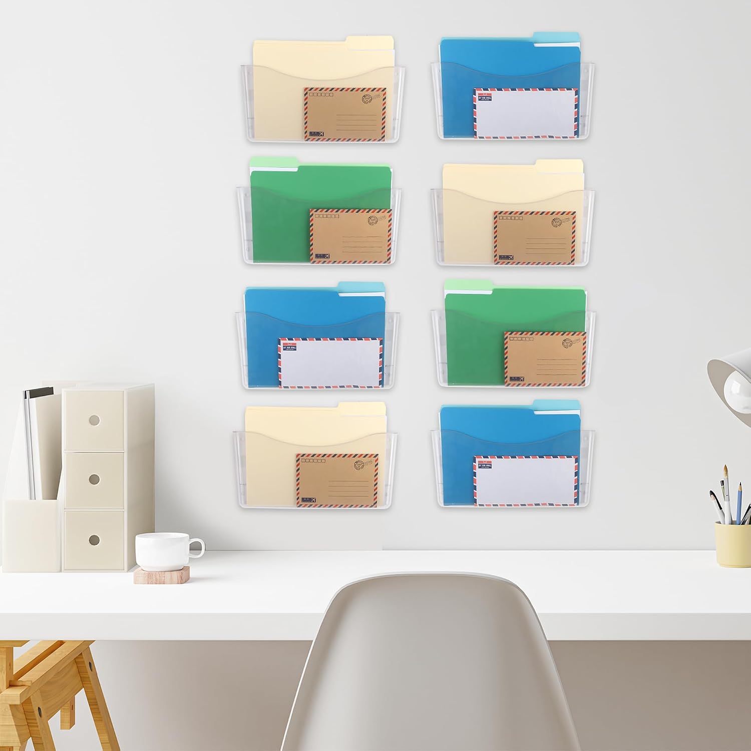 8 Pack Clear Single Pocket Hanging File Organizer, Plastic Wall Mount Paper Mails Magazines Holder, Mounted Folder Bins
