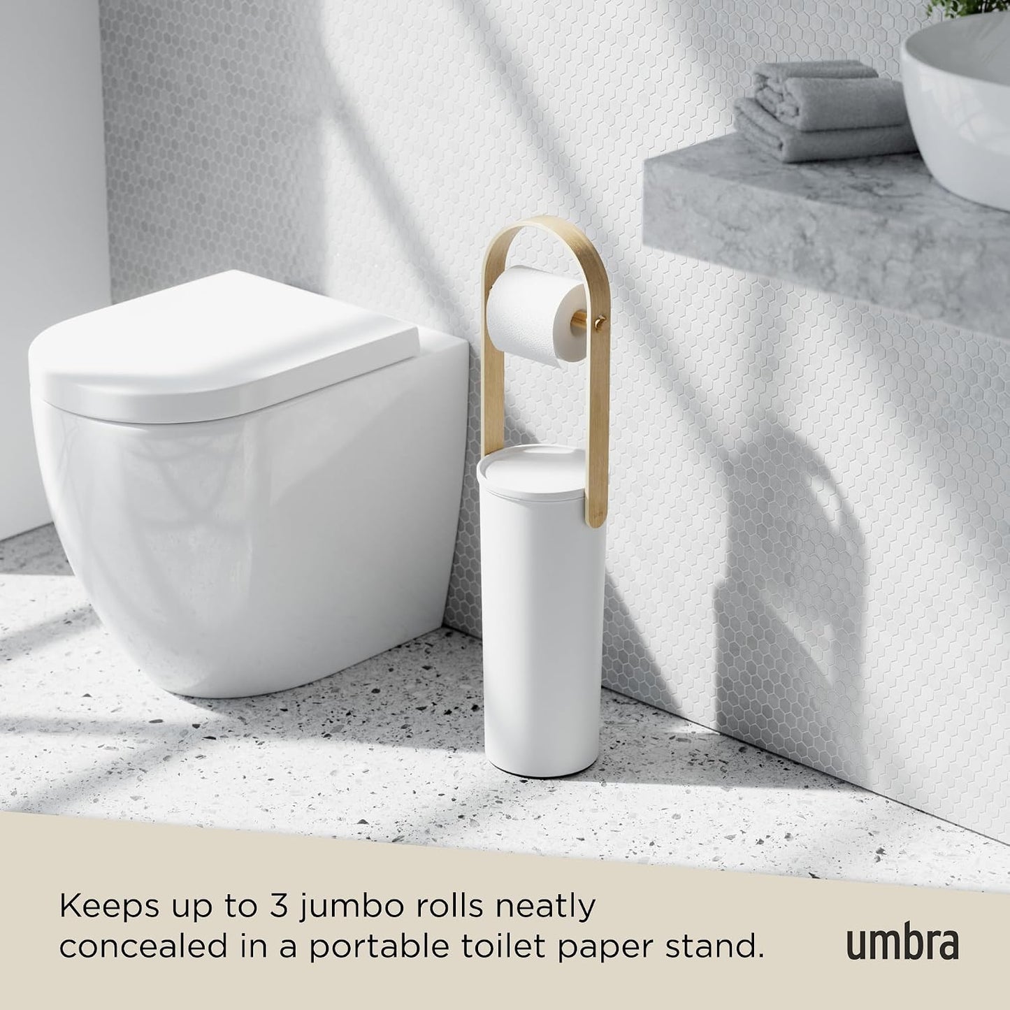 Umbra Bellwood Toilet Paper Holder, with Storage, 3 Rolls, White/Natural | Wood accents, compact for small spaces