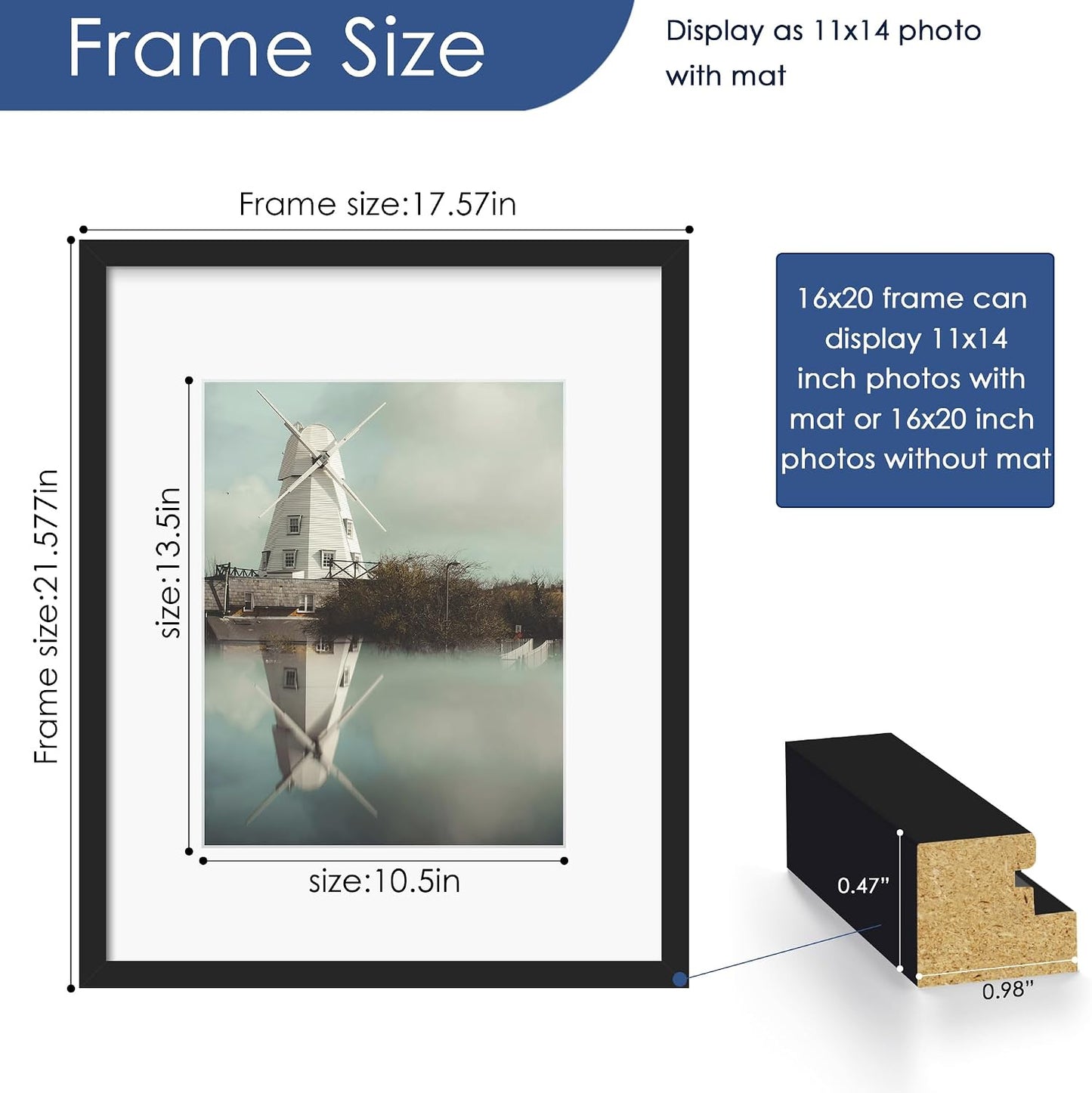16x20 Picture Frame Set of 6, Wall Mounting Display, Black | Display 11x14 with Mat or 16x20 Without Mat, Horizontal or