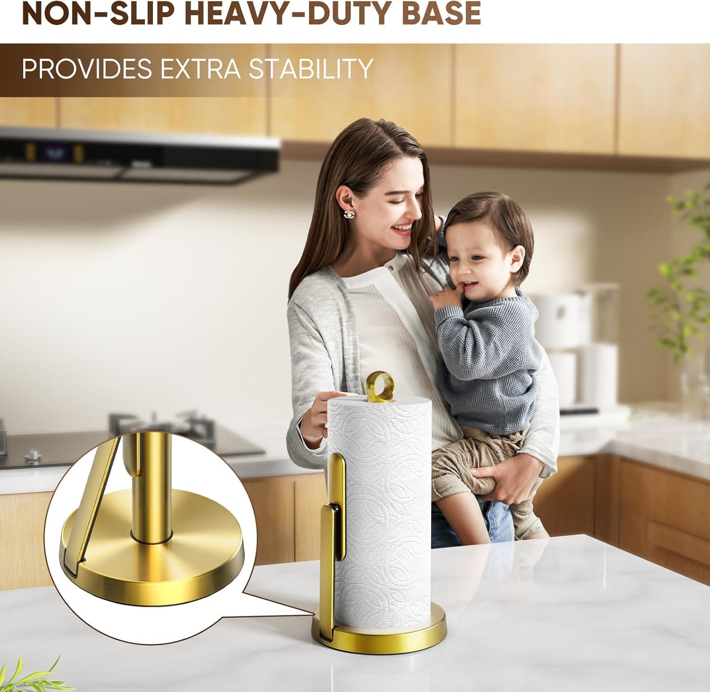 theaoo Heavy-Duty Paper Towel Holder with Tension Arm, Countertop(1, Gold) | Easy One-Handed Tear, Modern Stainless
