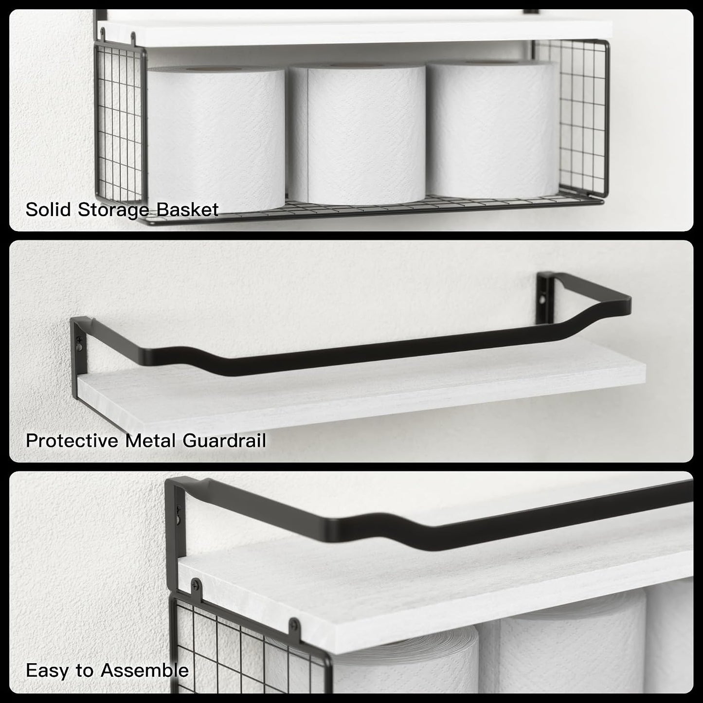 Bathroom Shelves Over Toilet with Protective Metal Guardrail | Floating Shelves with Wire Storage Basket, Wood Wall