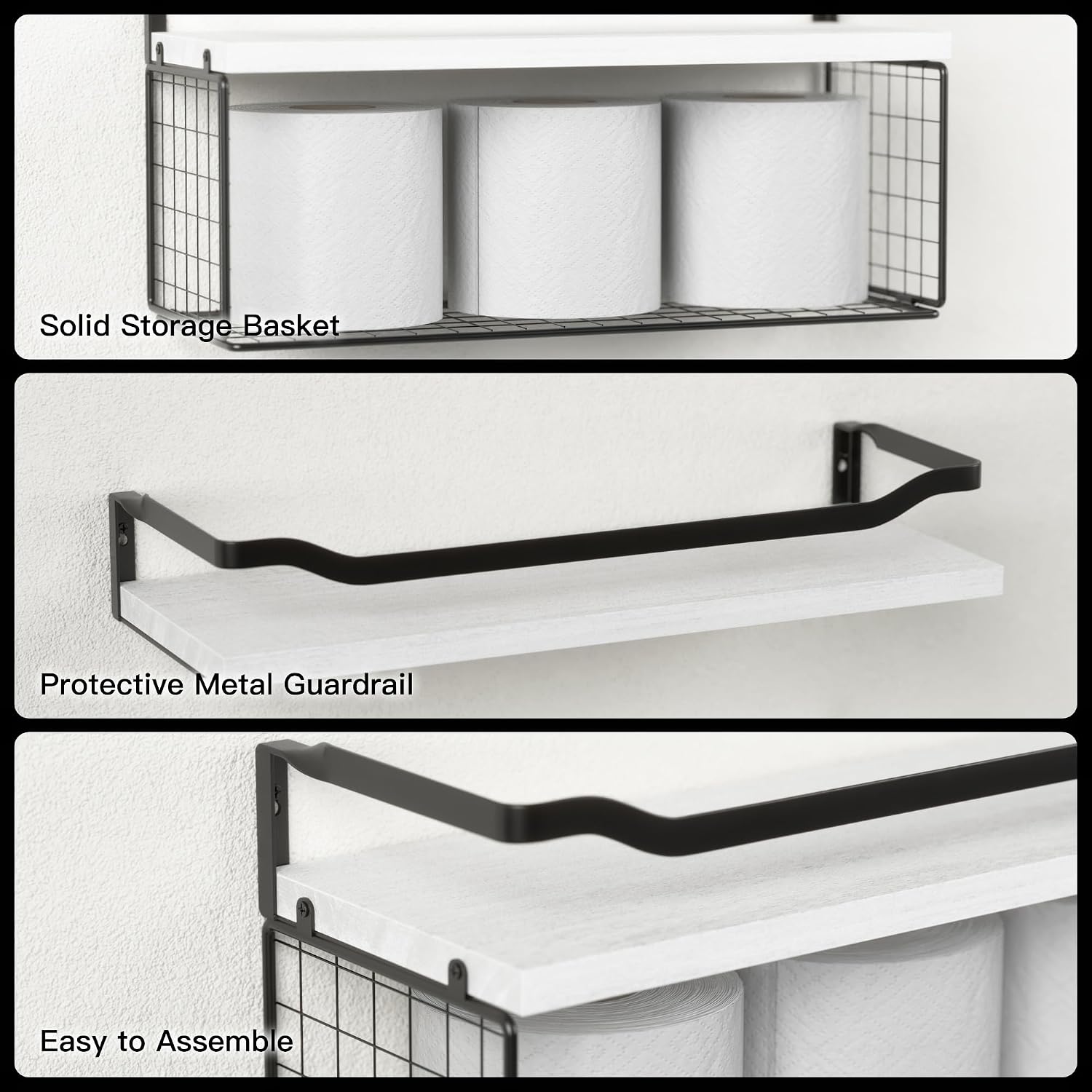 Bathroom Shelves Over Toilet with Protective Metal Guardrail | Floating Shelves with Wire Storage Basket, Wood Wall
