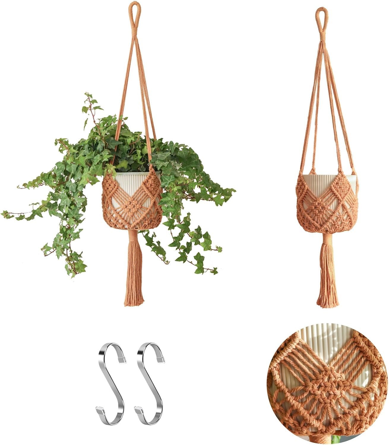 2Packs Macrame Plant Hangers Indoor Macrame for up to Pot Crochet Boho Plant / Caramel / 8 Inch