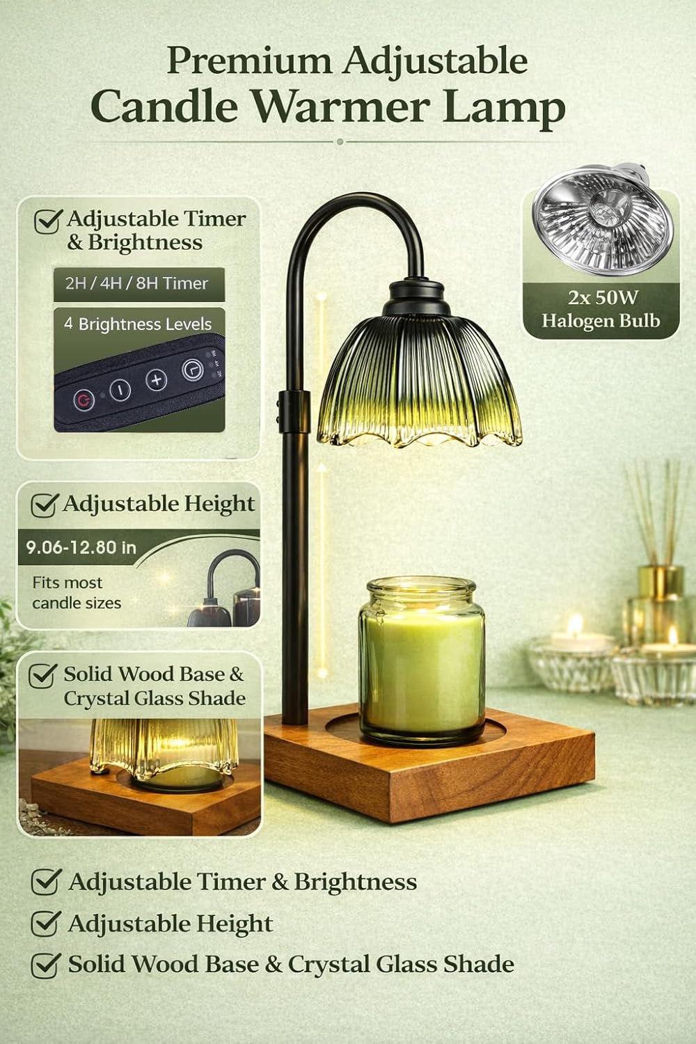 Candle Warmer Lamp for Jar Candles with Timer, Dimmer & 2 Bulbs | Petal Glass Shade, Rubber Wood Base, Adjustable