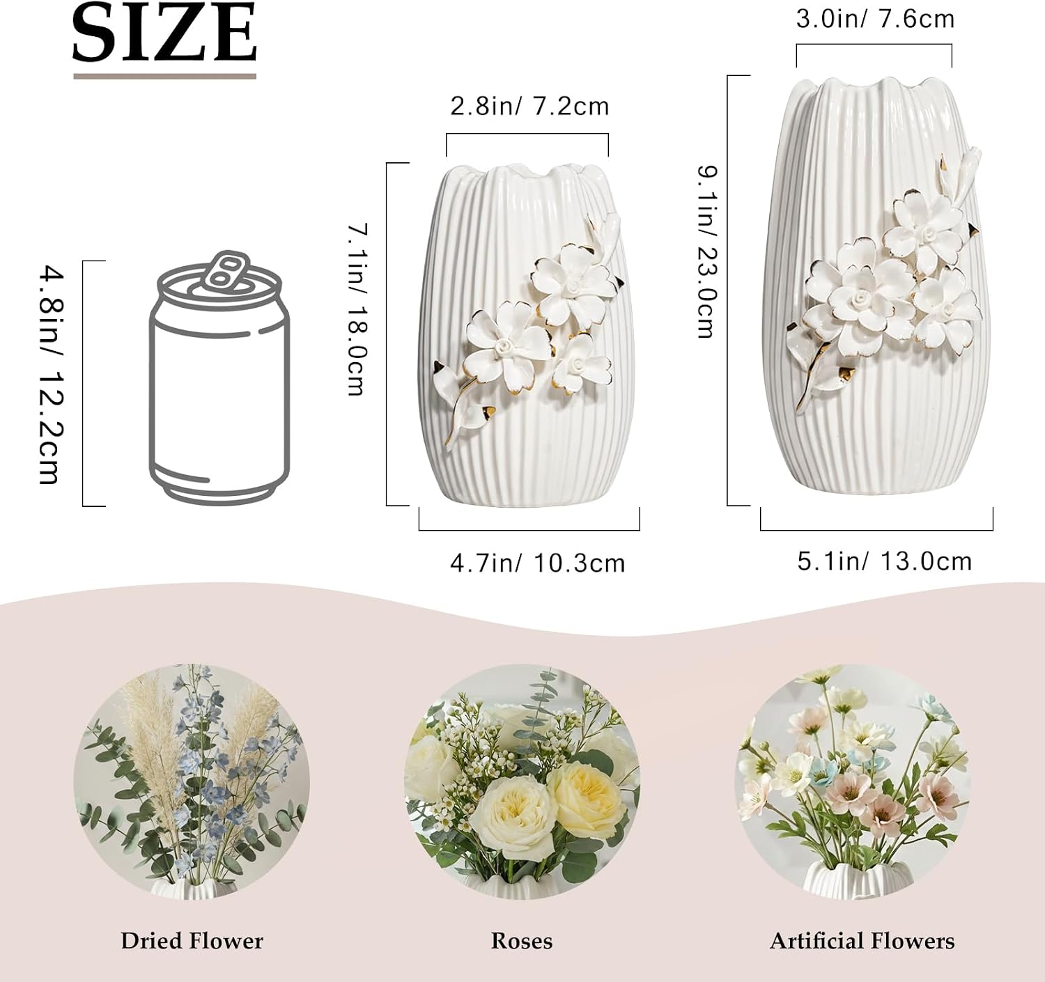 Ceramic Vase / Textured Boho Flower Vase / White / 7 Inch