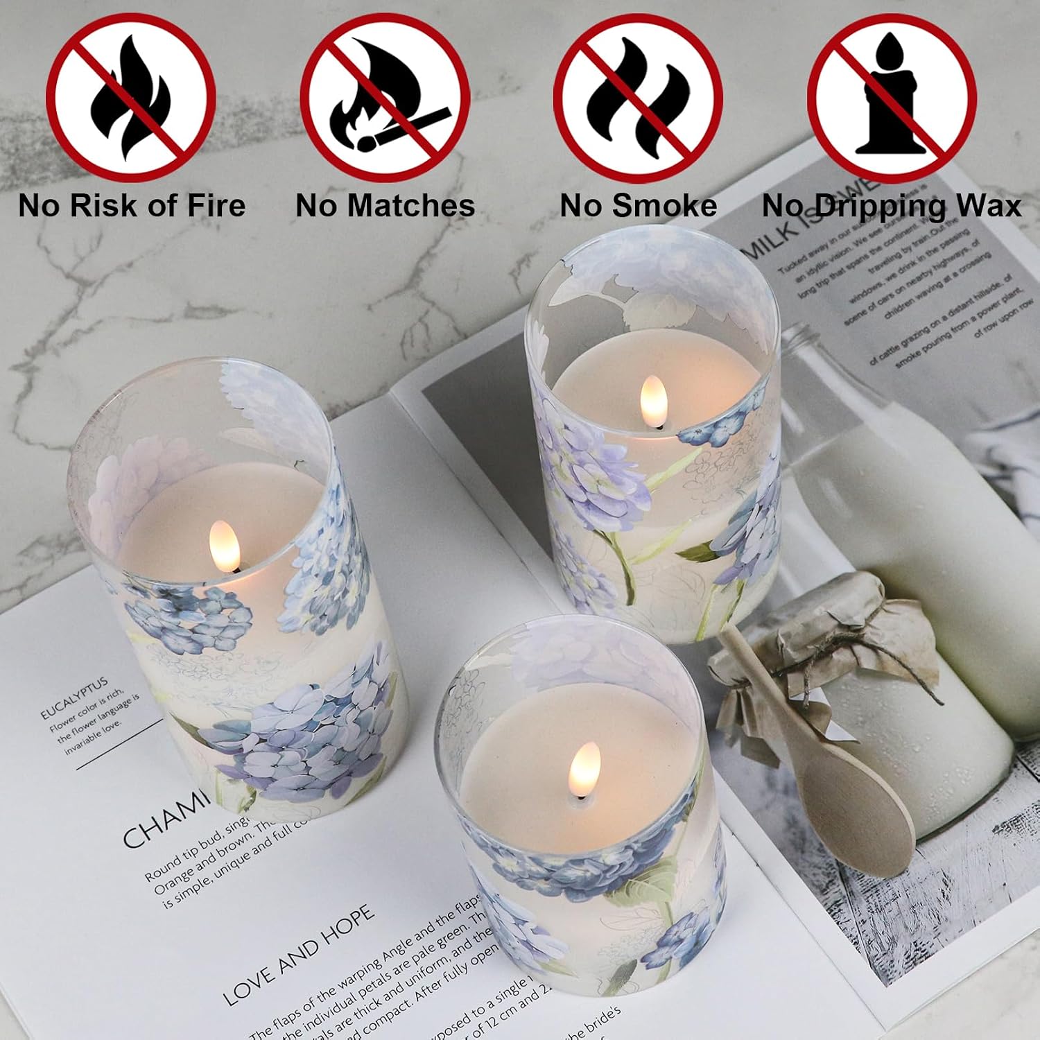 Rechargeable Hydrangea Glass Flameless Candles with Remote Timer | Battery Operated LED Pillar Candle, Real Wax 3D Wick