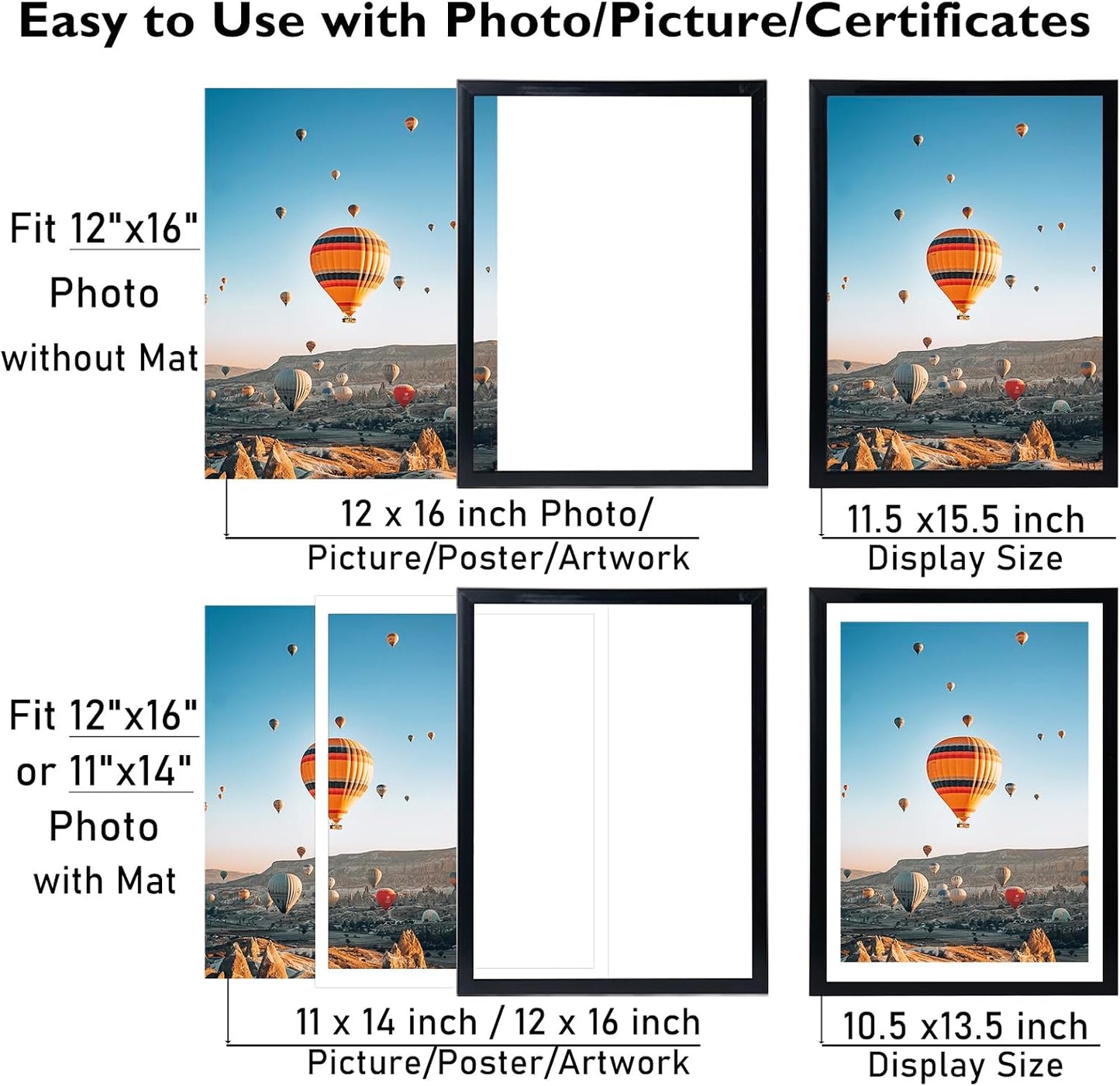JCJMY 12x16 Picture Frame Set of 4 Black with 11x14 Mat, Display Photo 11x14 with Mat or 12 x 16 Without Mat, Wall