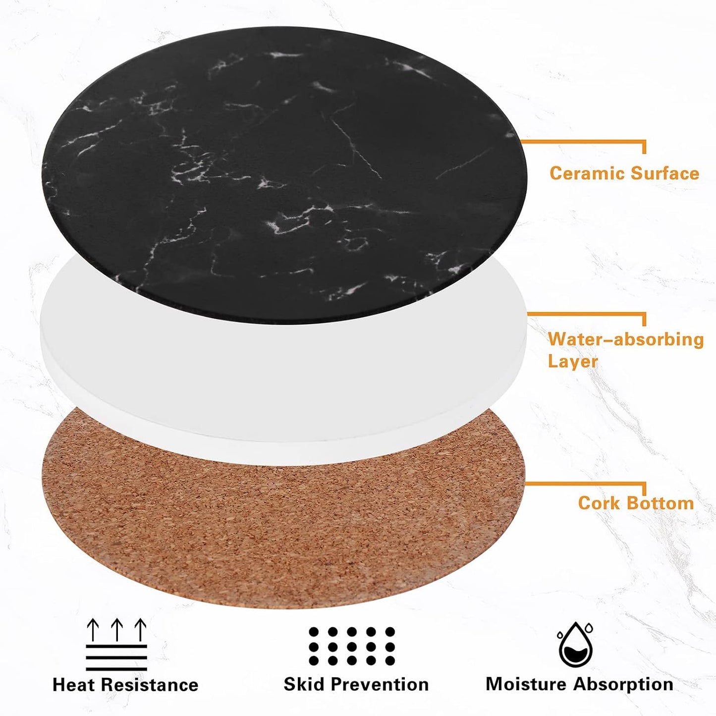 Holder Absorbent Ceramic Coasters Style / Black Marble / 4 Inch / Set of 6