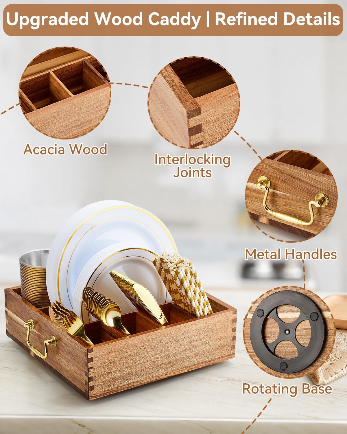 Rotating Acacia Wood Utensil Caddy with Handles, 7 Compartments for Paper Plates, Silverware and Straws, Perfect for