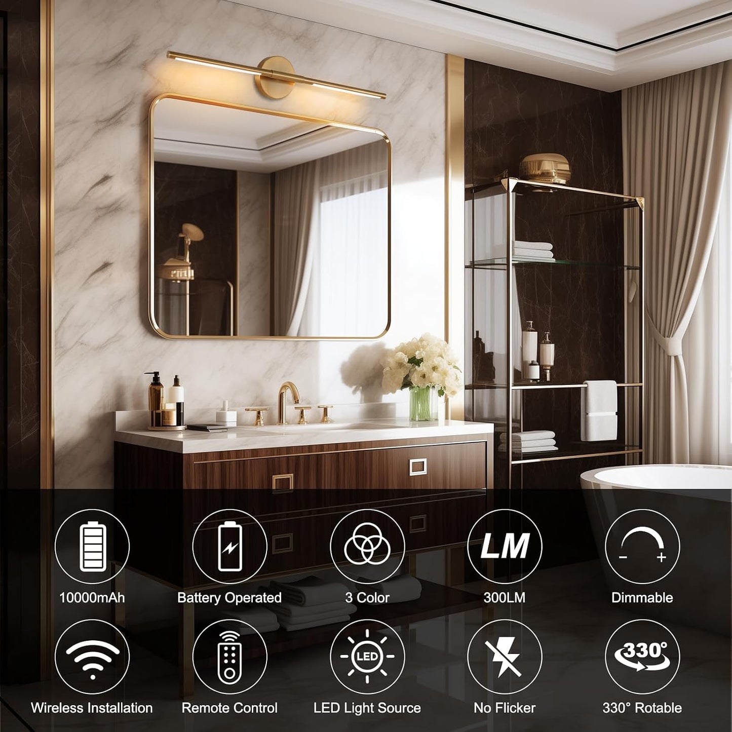 Wireless Battery Operated Wall Sconces with Remote, Gold Rechargeable Led Wall Lights Set of Two, Cordless Dimmable
